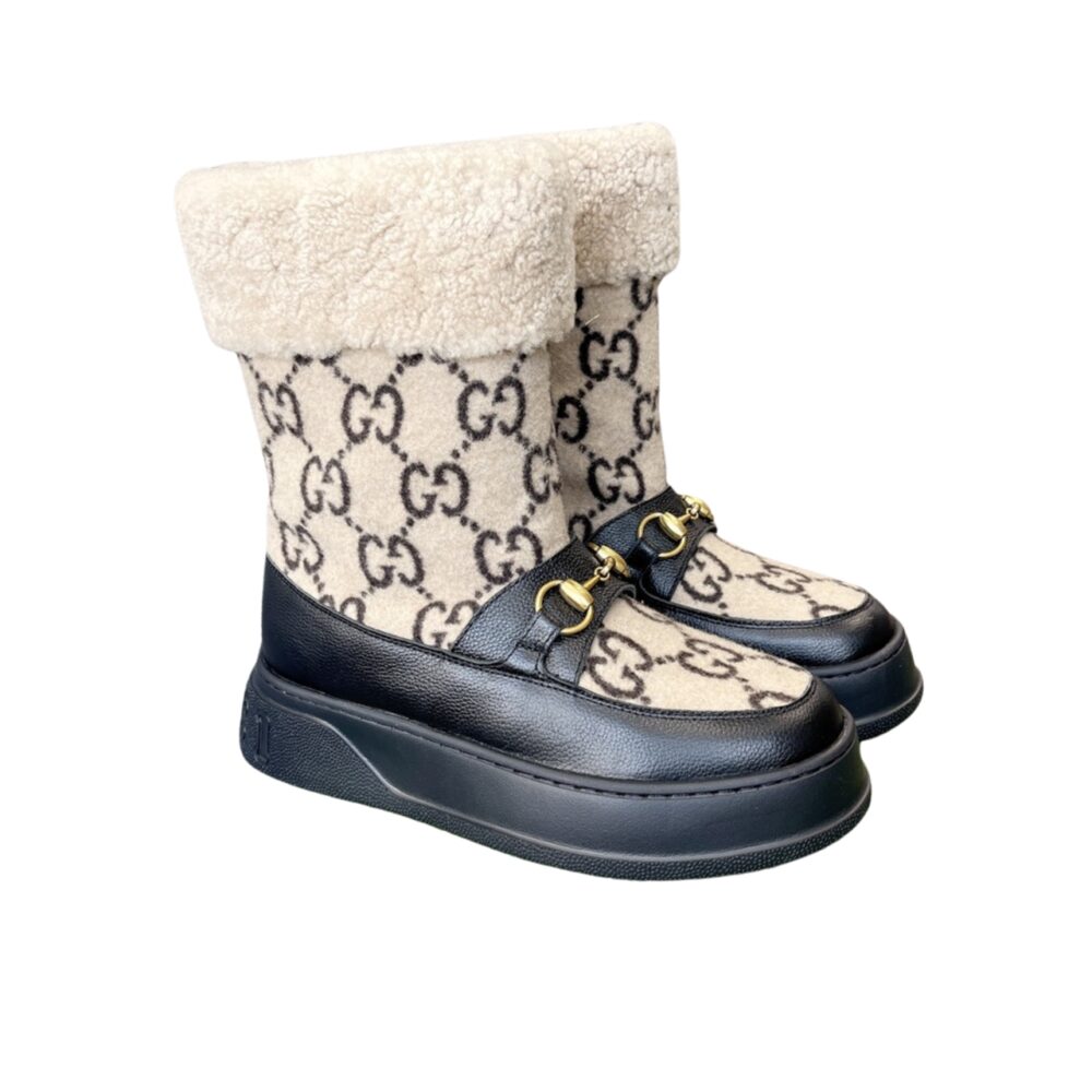 Vbs 1955 HORSEBIT SNOW BOOTS LEATHER AND SHEARLING IN BLACK BEIGE