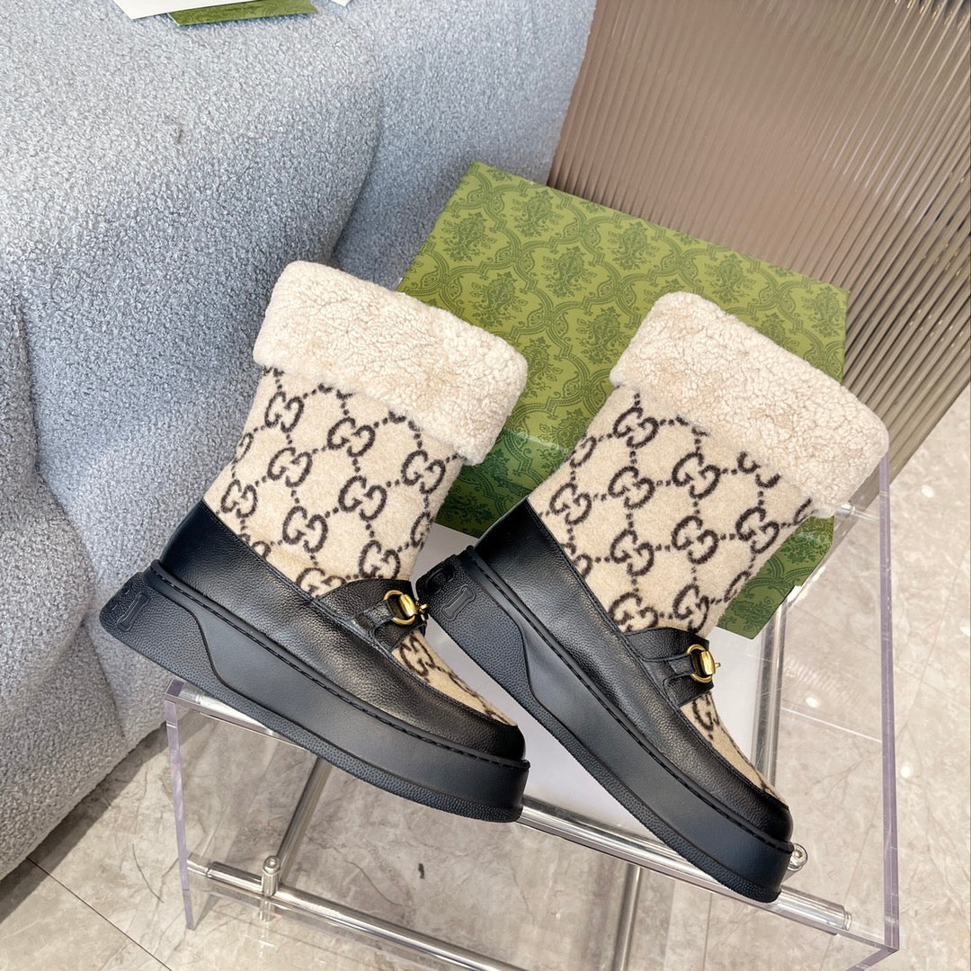 Vbs 1955 HORSEBIT SNOW BOOTS LEATHER AND SHEARLING IN BLACK BEIGE