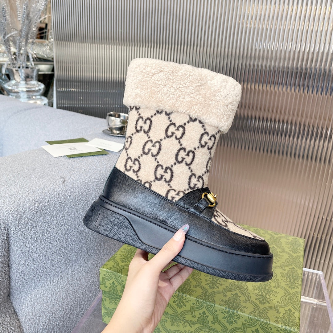 Vbs 1955 HORSEBIT SNOW BOOTS LEATHER AND SHEARLING IN BLACK BEIGE
