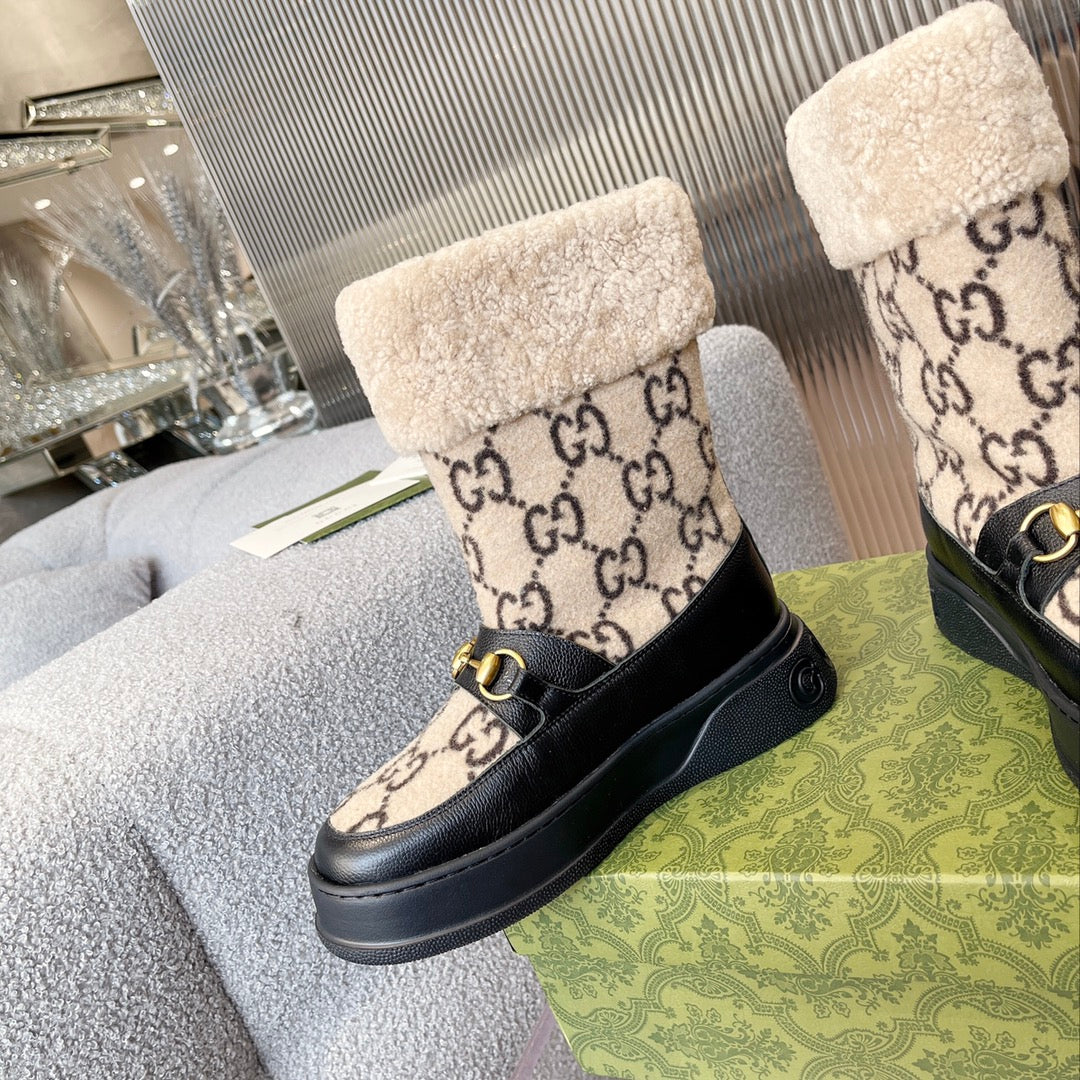 Vbs 1955 HORSEBIT SNOW BOOTS LEATHER AND SHEARLING IN BLACK BEIGE