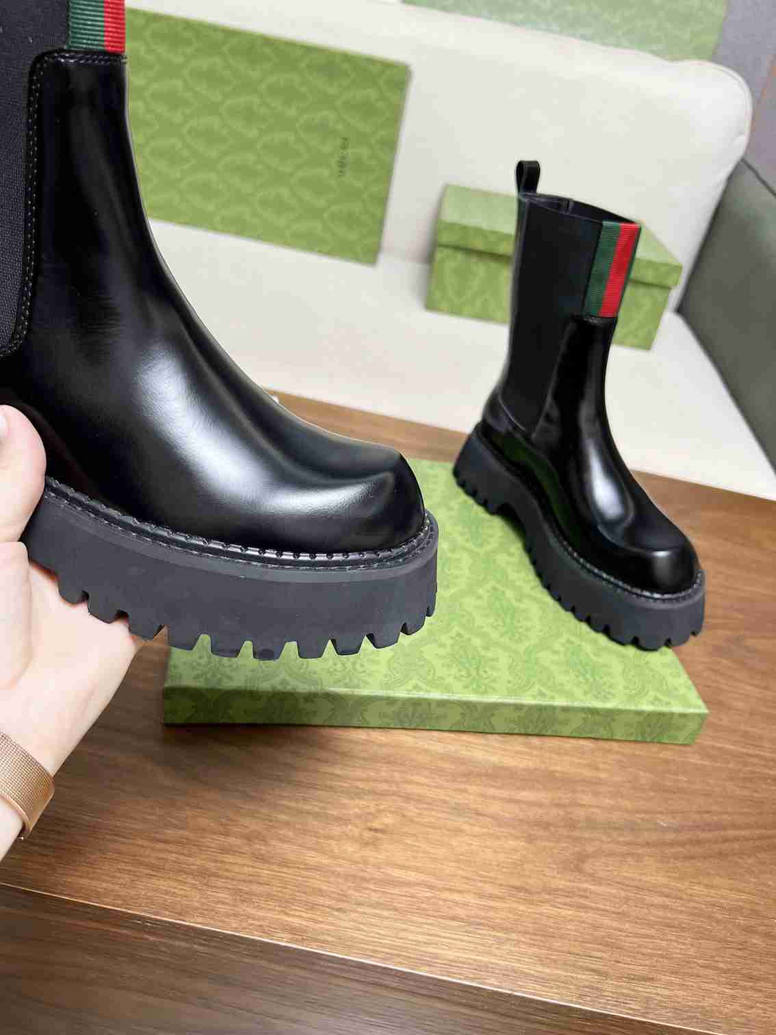 GG WOMEN'S BOOT WITH WEB ANAND LEATHER BLACK ?806398 AAD6T 1052