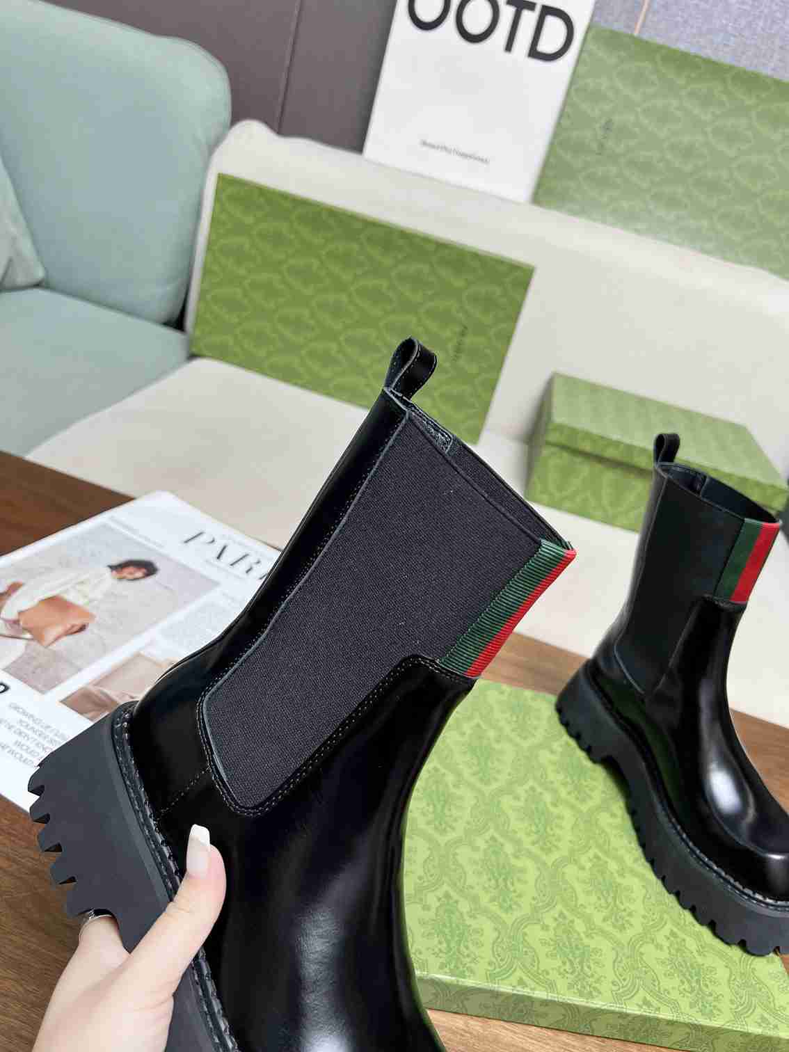GG WOMEN'S BOOT WITH WEB ANAND LEATHER BLACK ?806398 AAD6T 1052