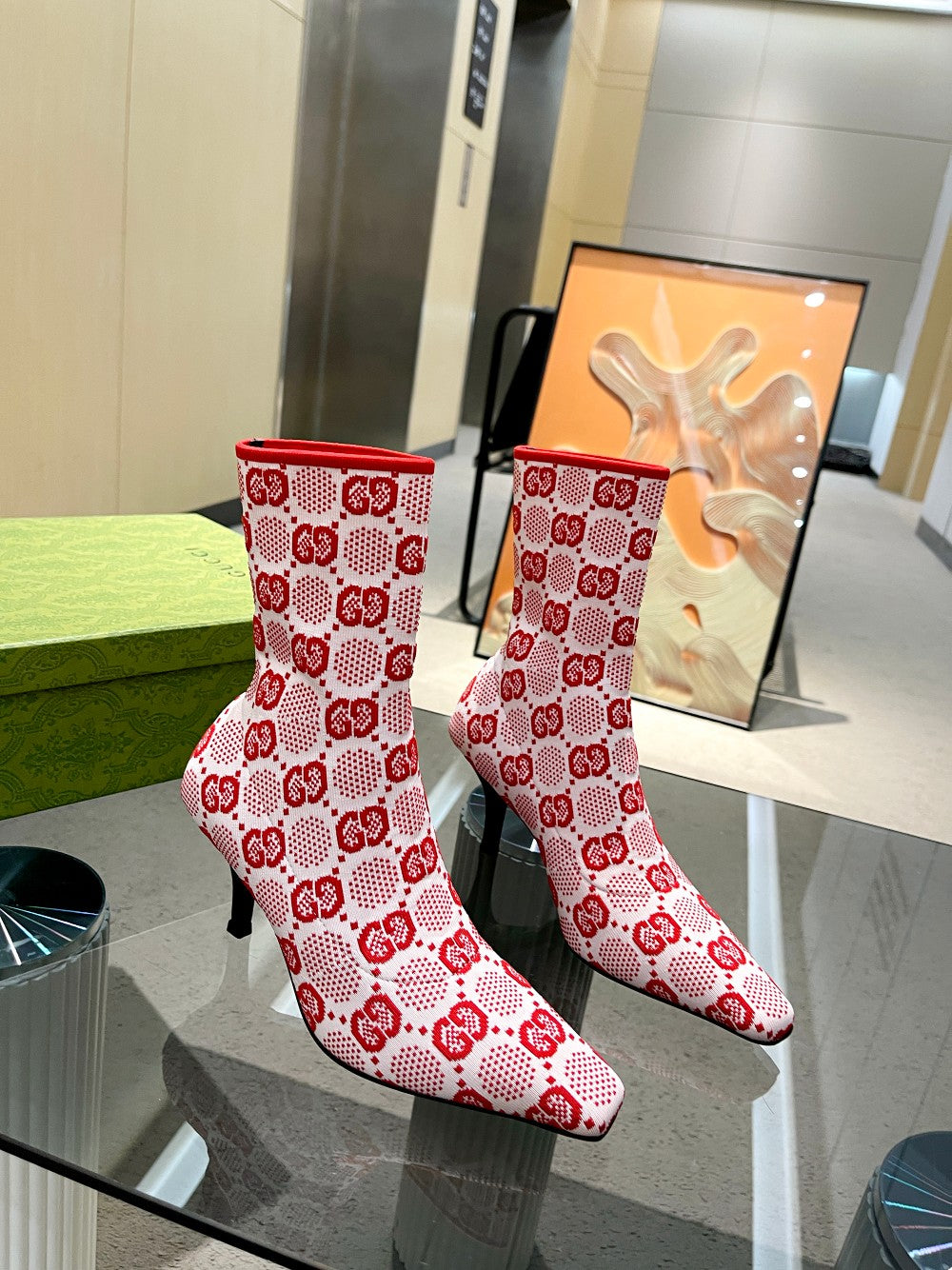 GG GG 75MM KNIT ANKLE BOOTS RED FLUORESCENT WHITE FABRIC 718378 FAAQP 5810