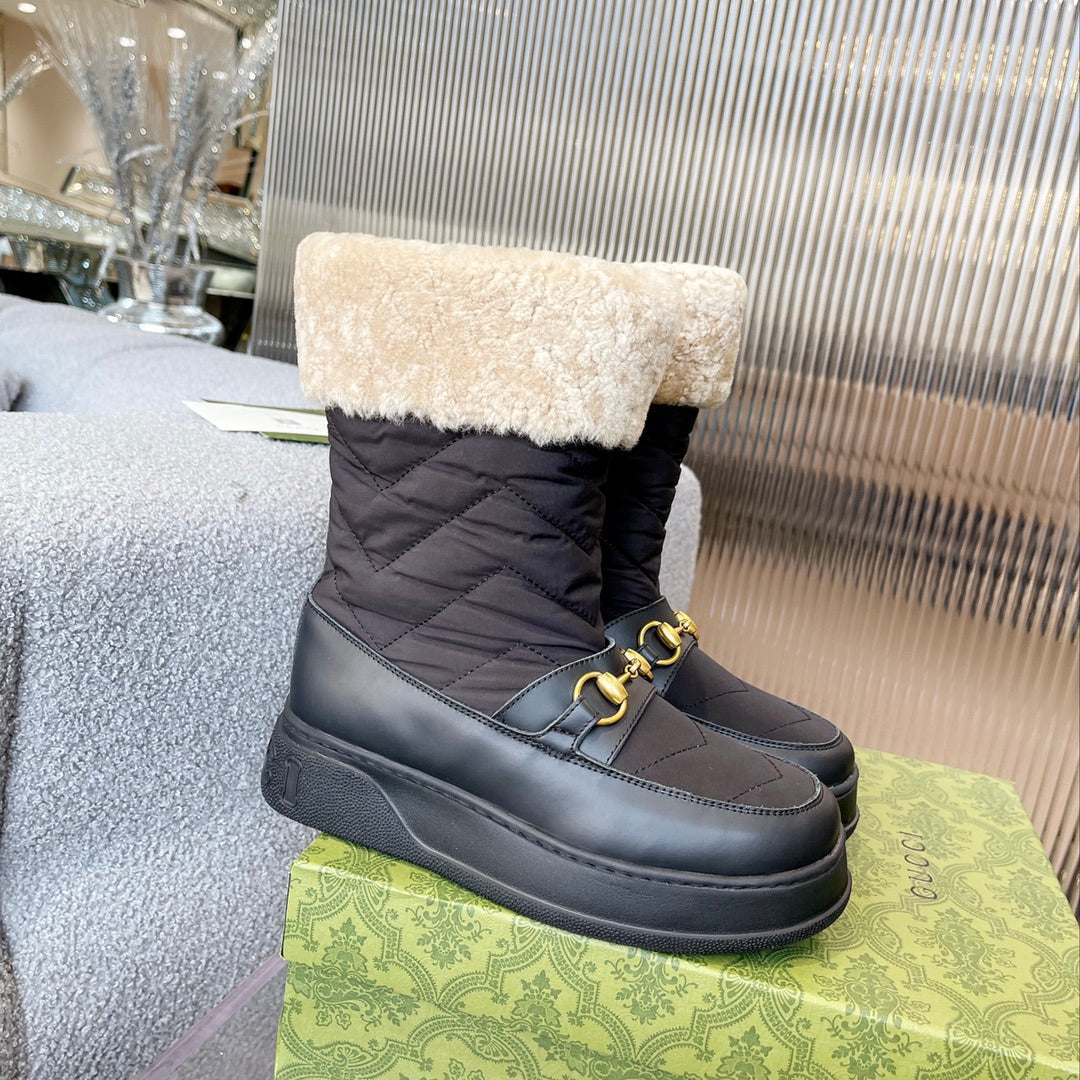 GG HORSEBIT CHEVRON QUILTED BOOTS BLACK