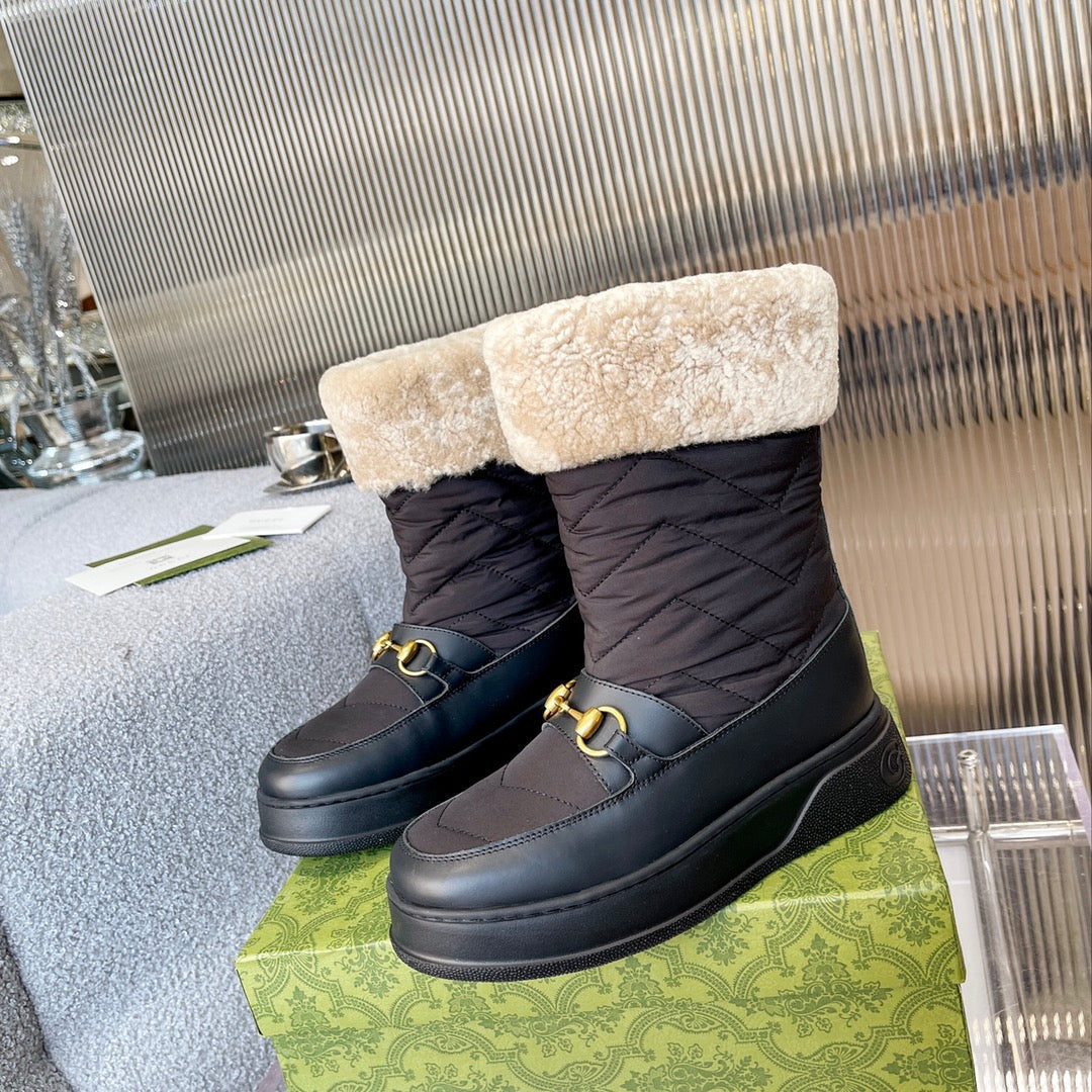 GG HORSEBIT CHEVRON QUILTED BOOTS BLACK