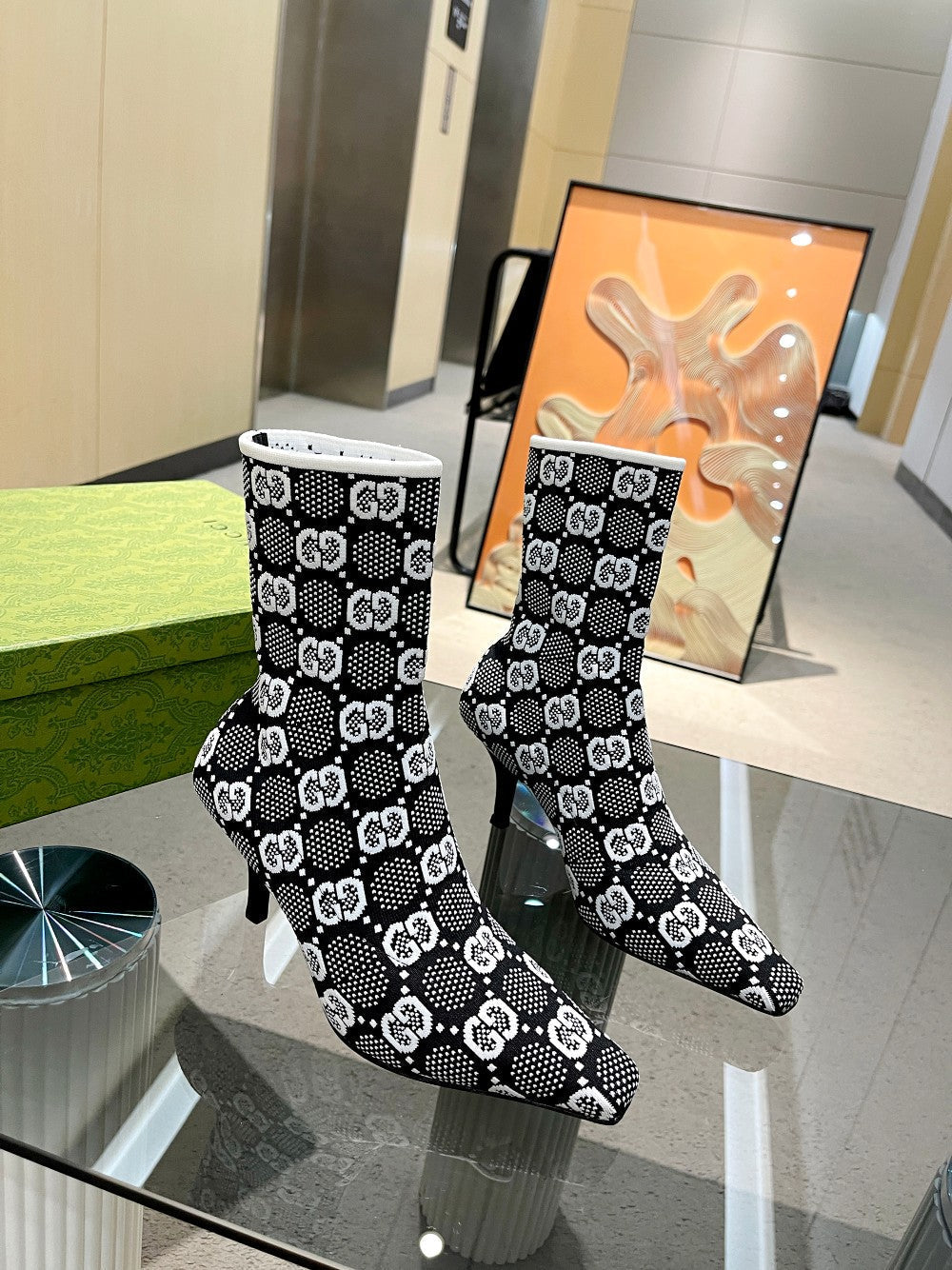 Vbs Vbs 75MM KNIT ANKLE BOOTS BLACK WHITE FABRIC 718378 FAAQP 1008