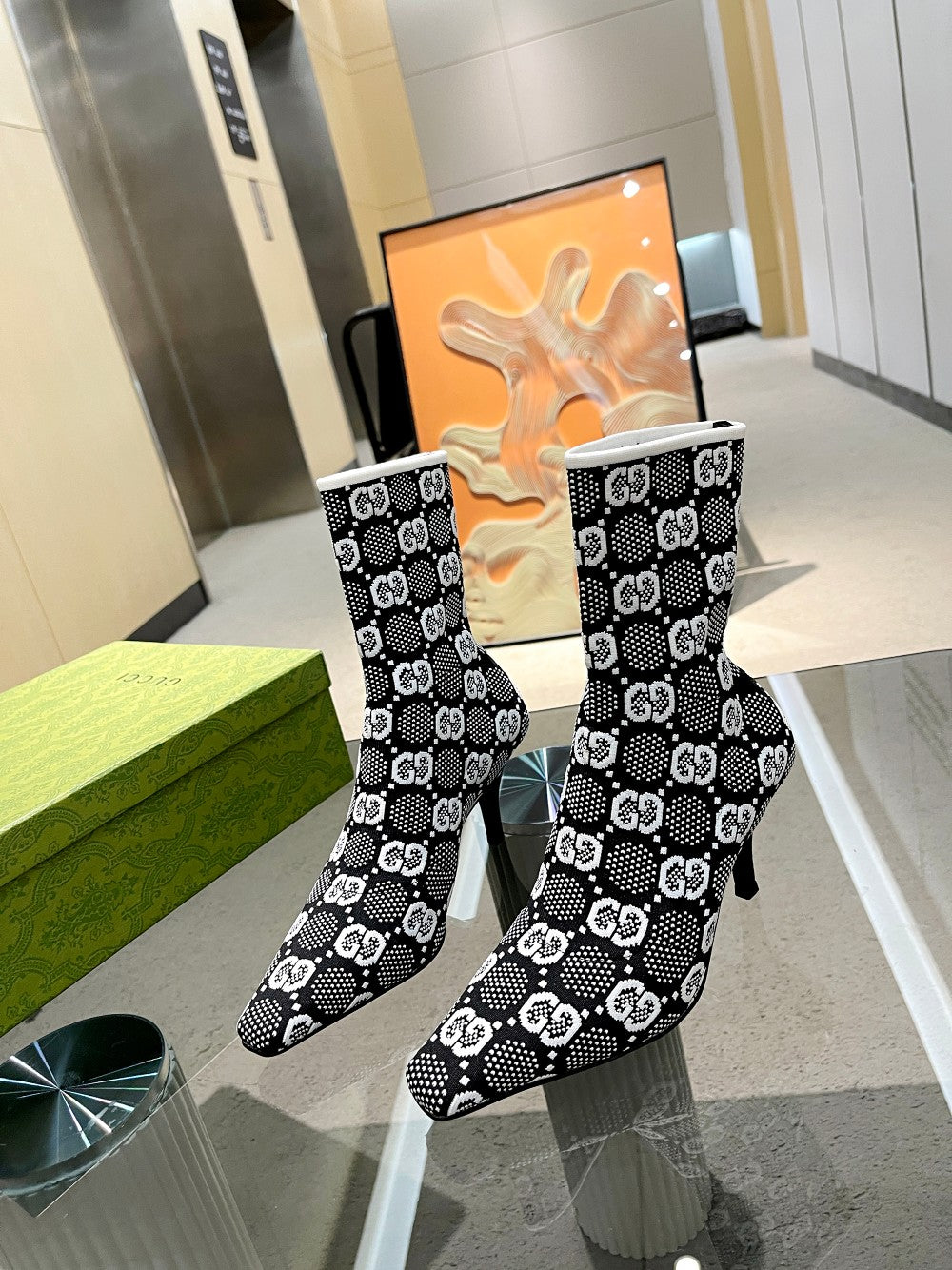 Vbs Vbs 75MM KNIT ANKLE BOOTS BLACK WHITE FABRIC 718378 FAAQP 1008