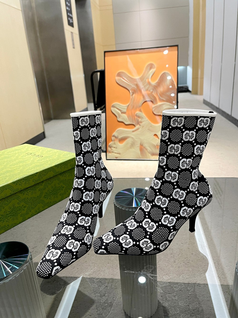 Vbs Vbs 75MM KNIT ANKLE BOOTS BLACK WHITE FABRIC 718378 FAAQP 1008