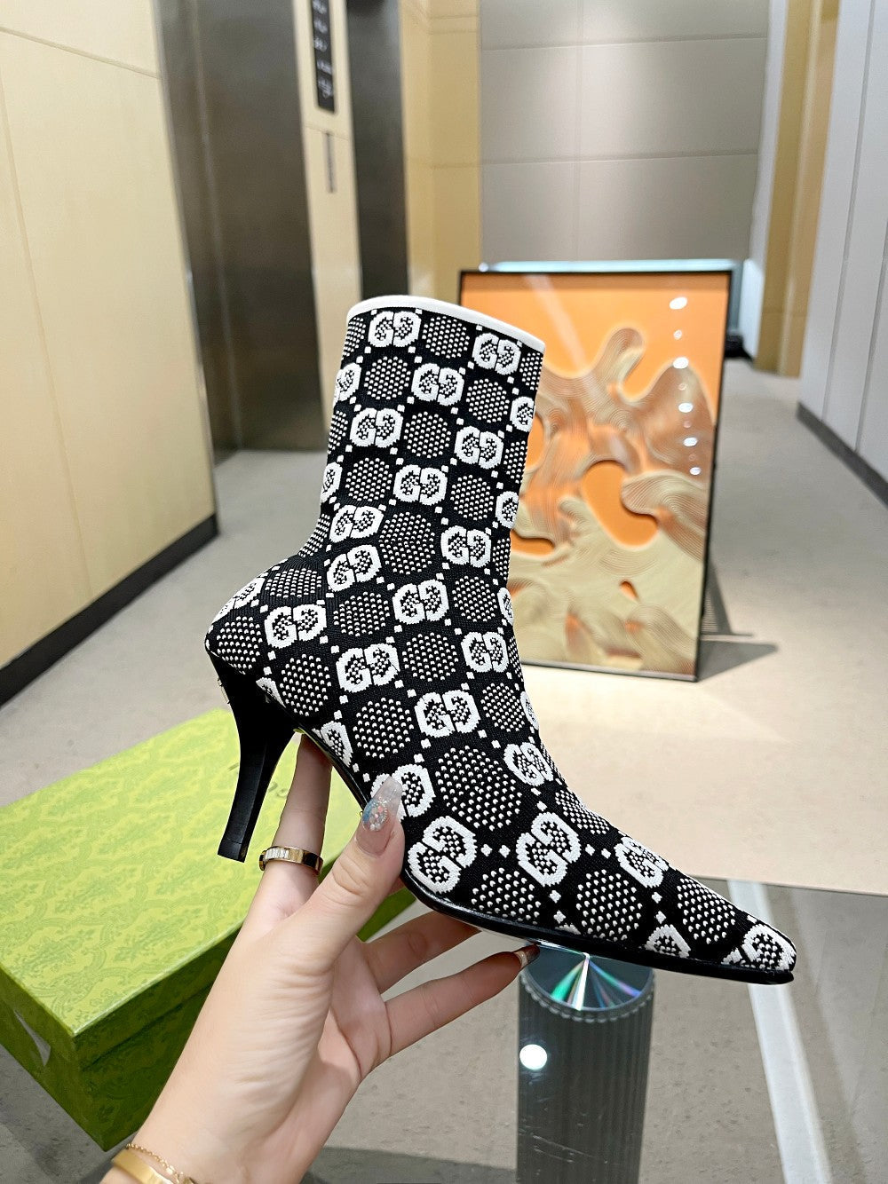 GG GG 75MM KNIT ANKLE BOOTS BLACK WHITE FABRIC 718378 FAAQP 1008