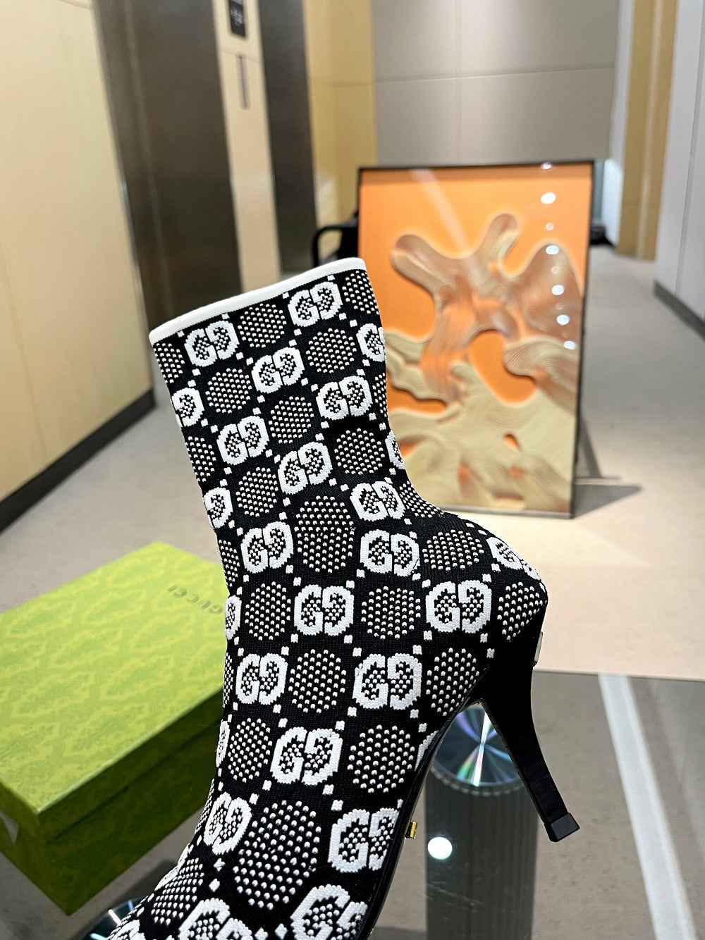 Vbs Vbs 75MM KNIT ANKLE BOOTS BLACK WHITE FABRIC 718378 FAAQP 1008