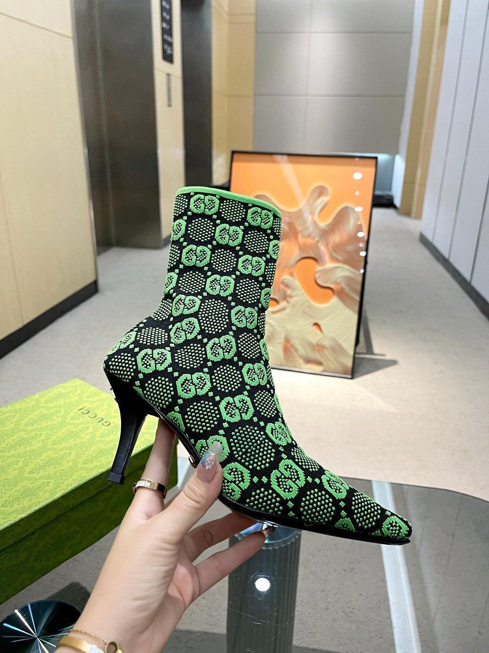Vbs Vbs 75MM KNIT ANKLE BOOTS BLACK FVBSORESCENT GREEN FABRIC718378 FAAQP 1004