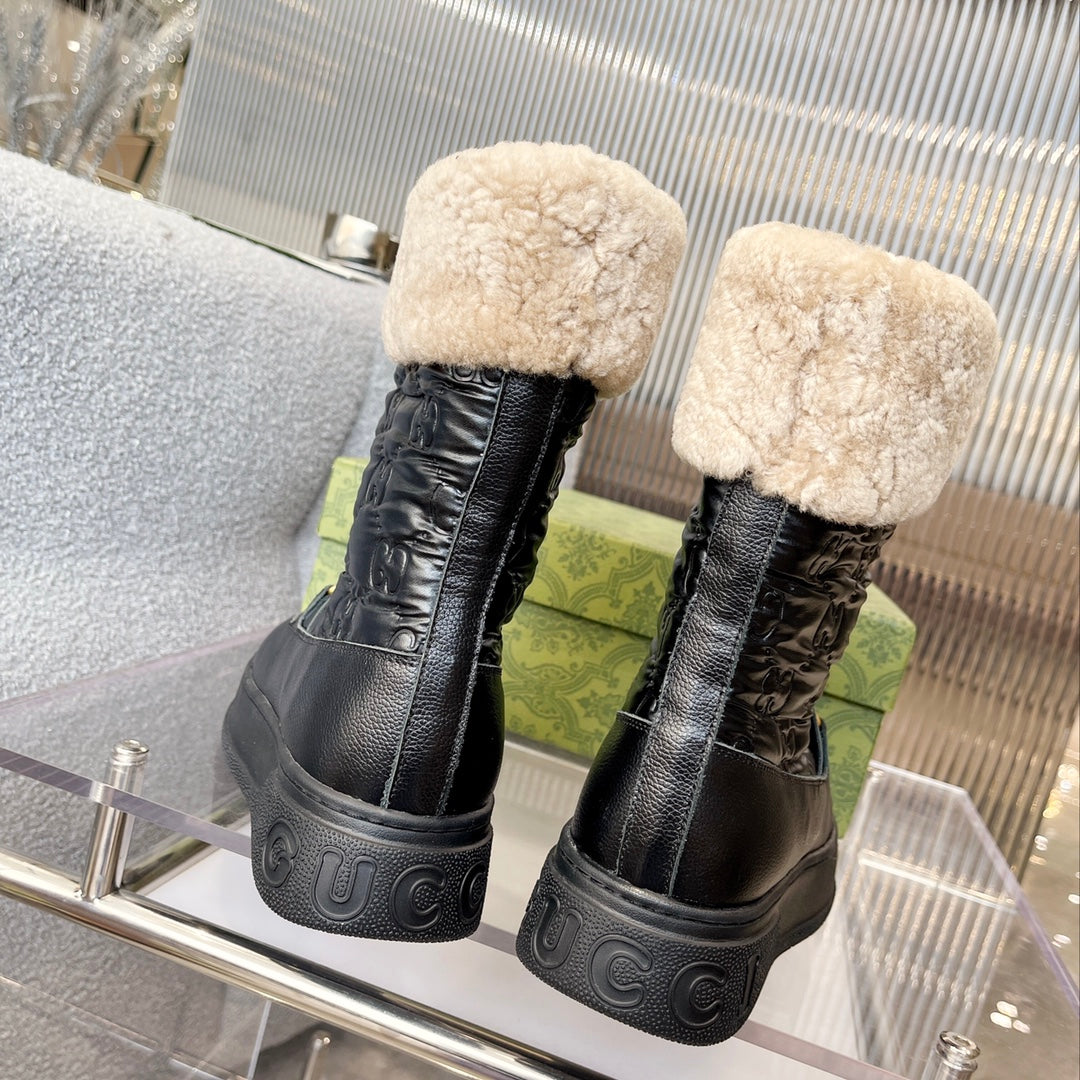 Vbs 1955 HORSEBIT SNOW BOOTS JACQUARD FABRIC BLACK LEATHER