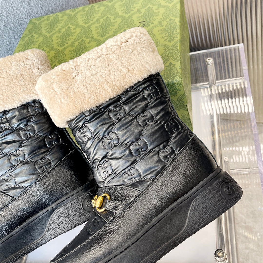 Vbs 1955 HORSEBIT SNOW BOOTS JACQUARD FABRIC BLACK LEATHER