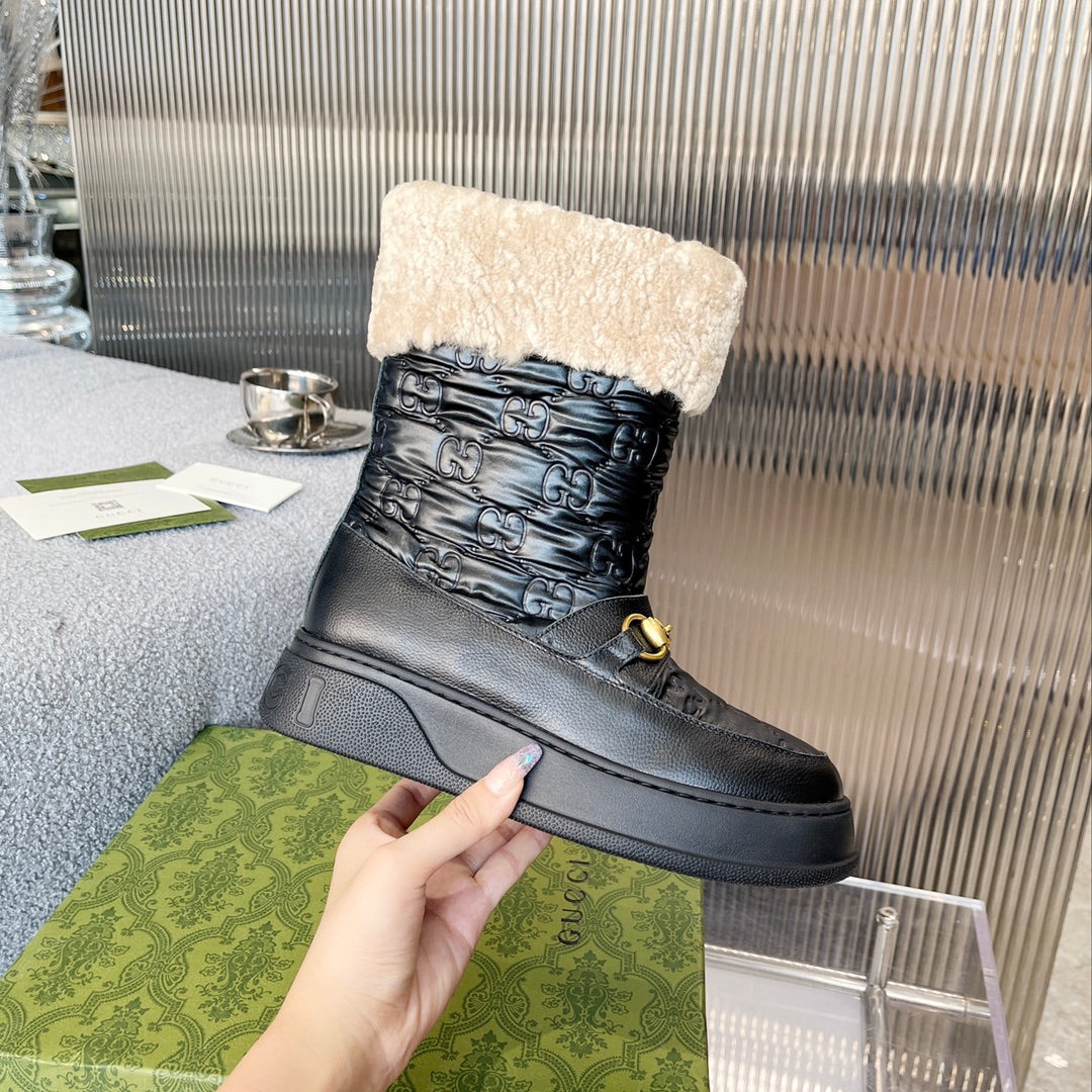 Vbs 1955 HORSEBIT SNOW BOOTS JACQUARD FABRIC BLACK LEATHER