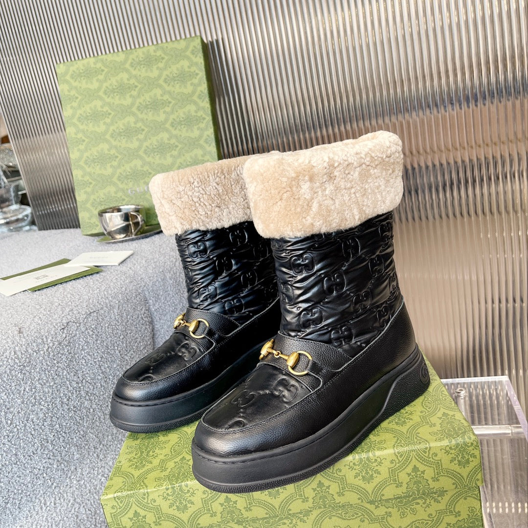 Vbs 1955 HORSEBIT SNOW BOOTS JACQUARD FABRIC BLACK LEATHER