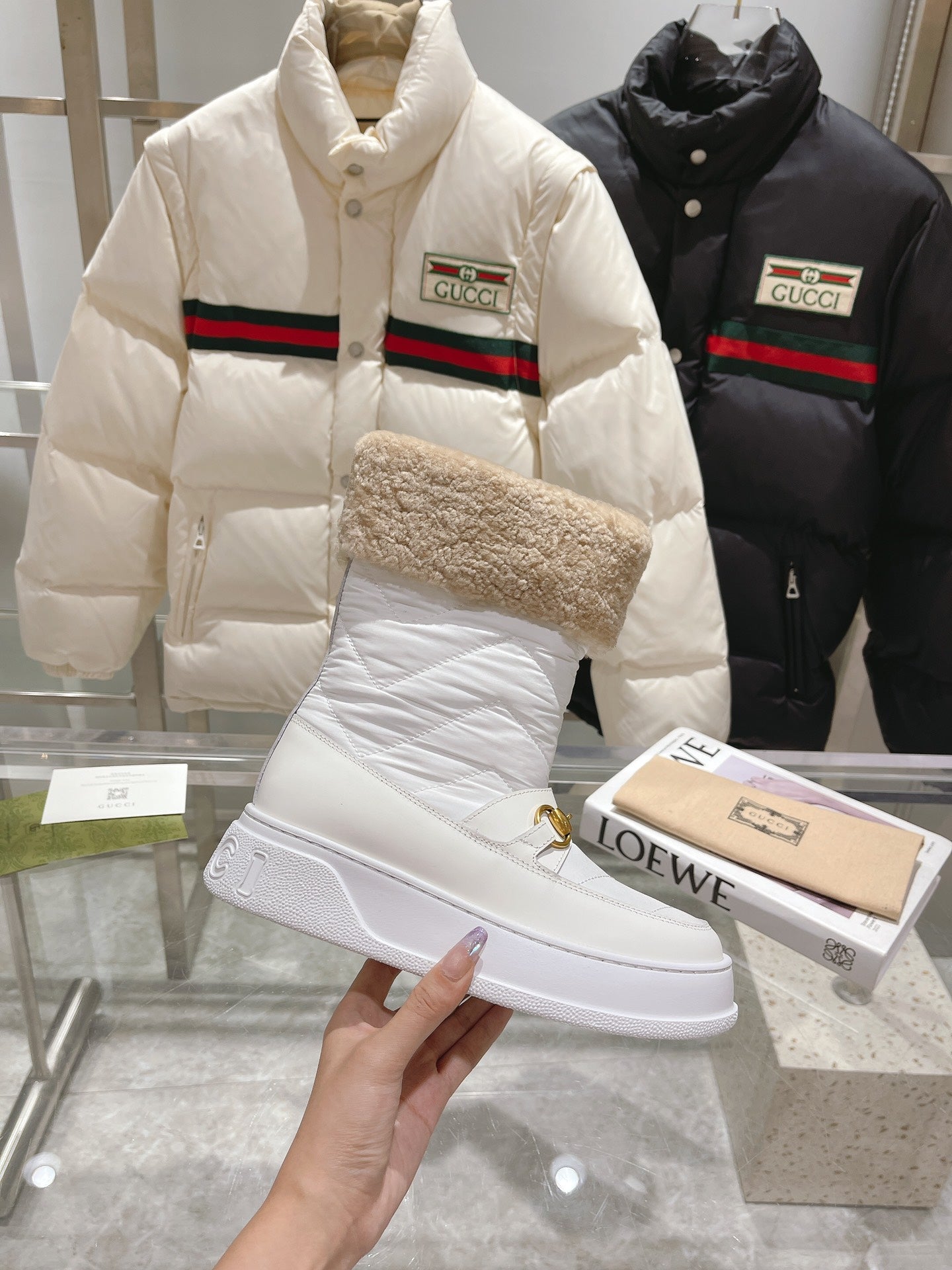 GG HORSEBIT CHEVRON QUILTED BOOTS WHITE