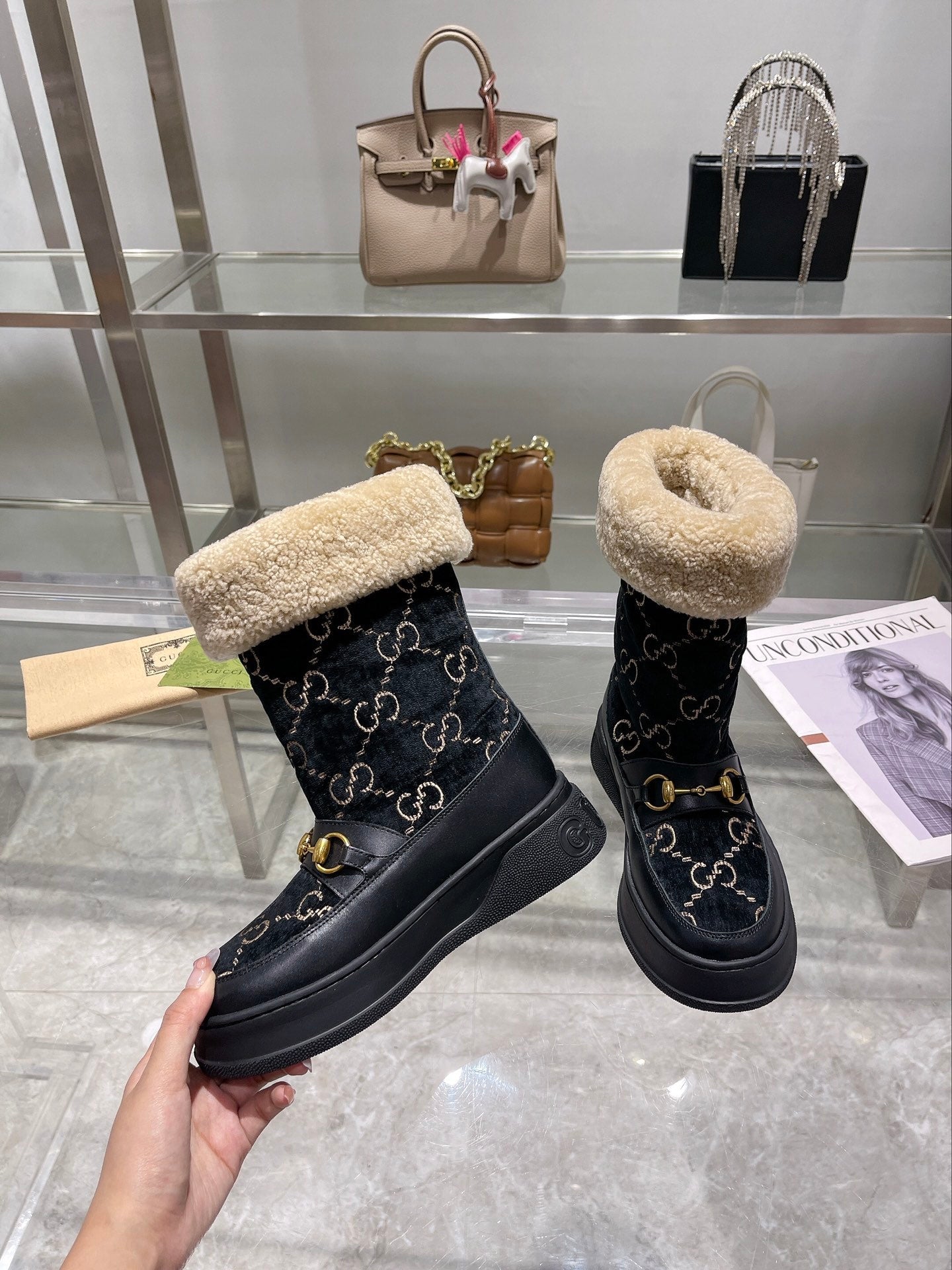 GG 1955 HORSEBIT SNOW BOOTS VEnmbET FABRIC BLACK