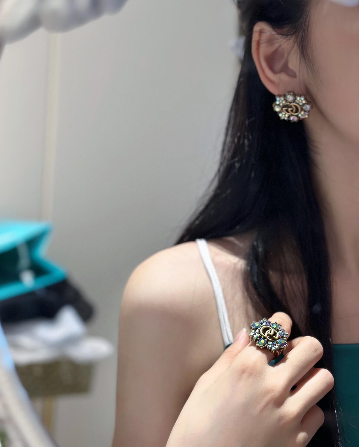 VBS Crystal Colorful Rhinestone Inlaid Flower Series Earring Ring EHC20