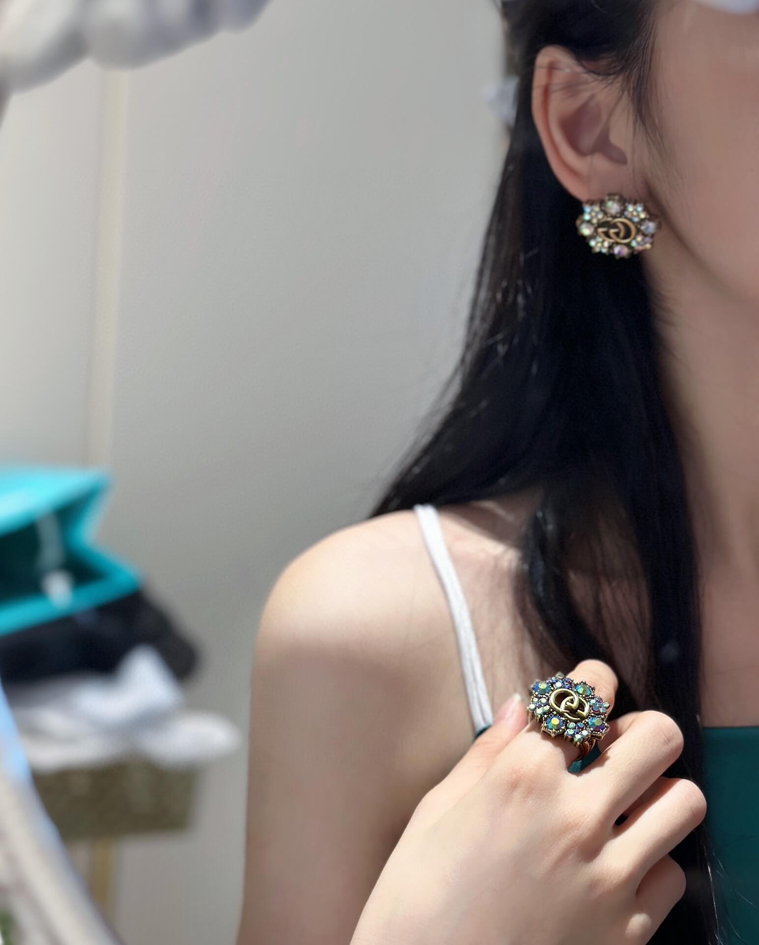 VBS Crystal Colorful Rhinestone Inlaid Flower Series Earring Ring EHC20