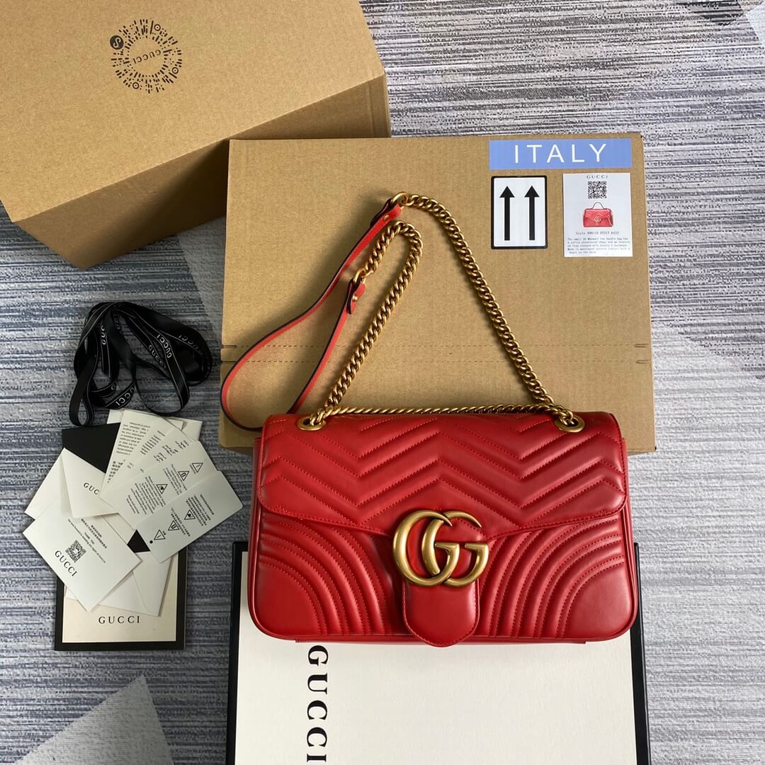?443496 VBS Marmont medium matelassé shoulder bag RED leather gold hardware