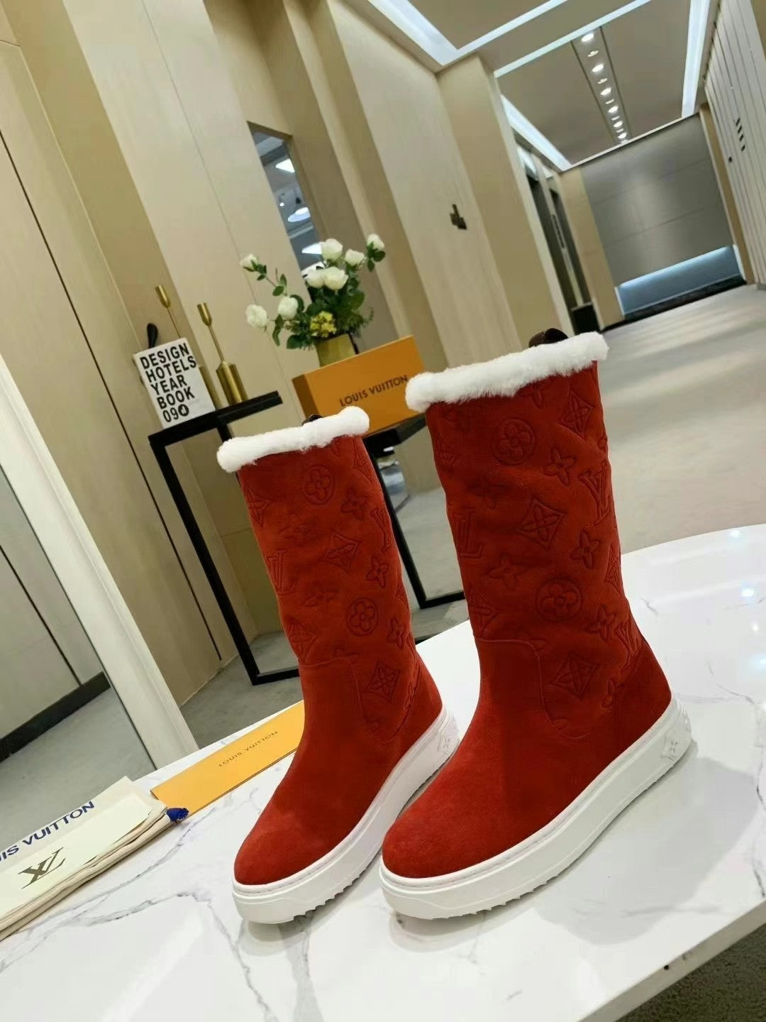 nmb SUEDE MONOGRAM BOOTS RED