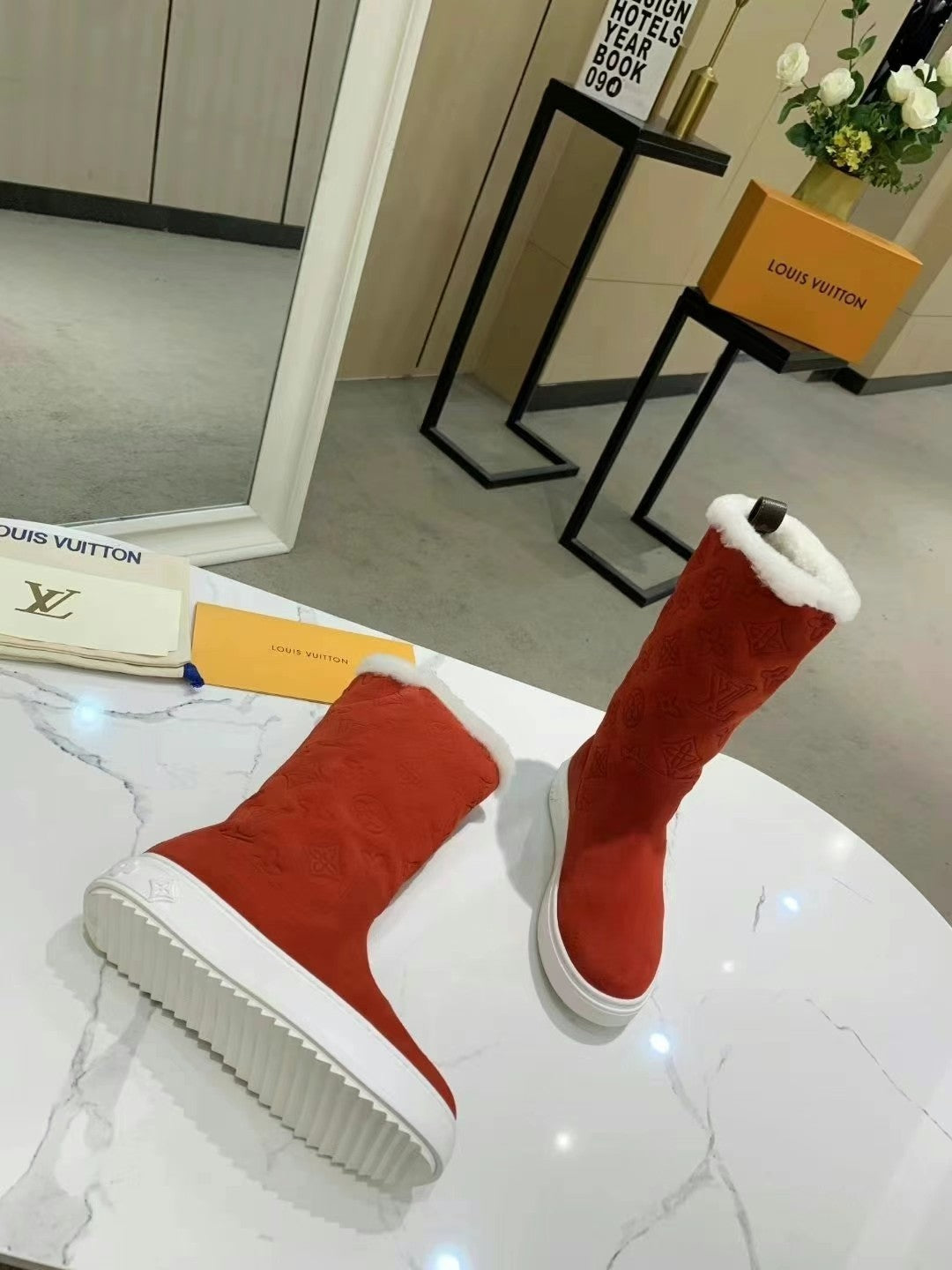 nmb SUEDE MONOGRAM BOOTS RED