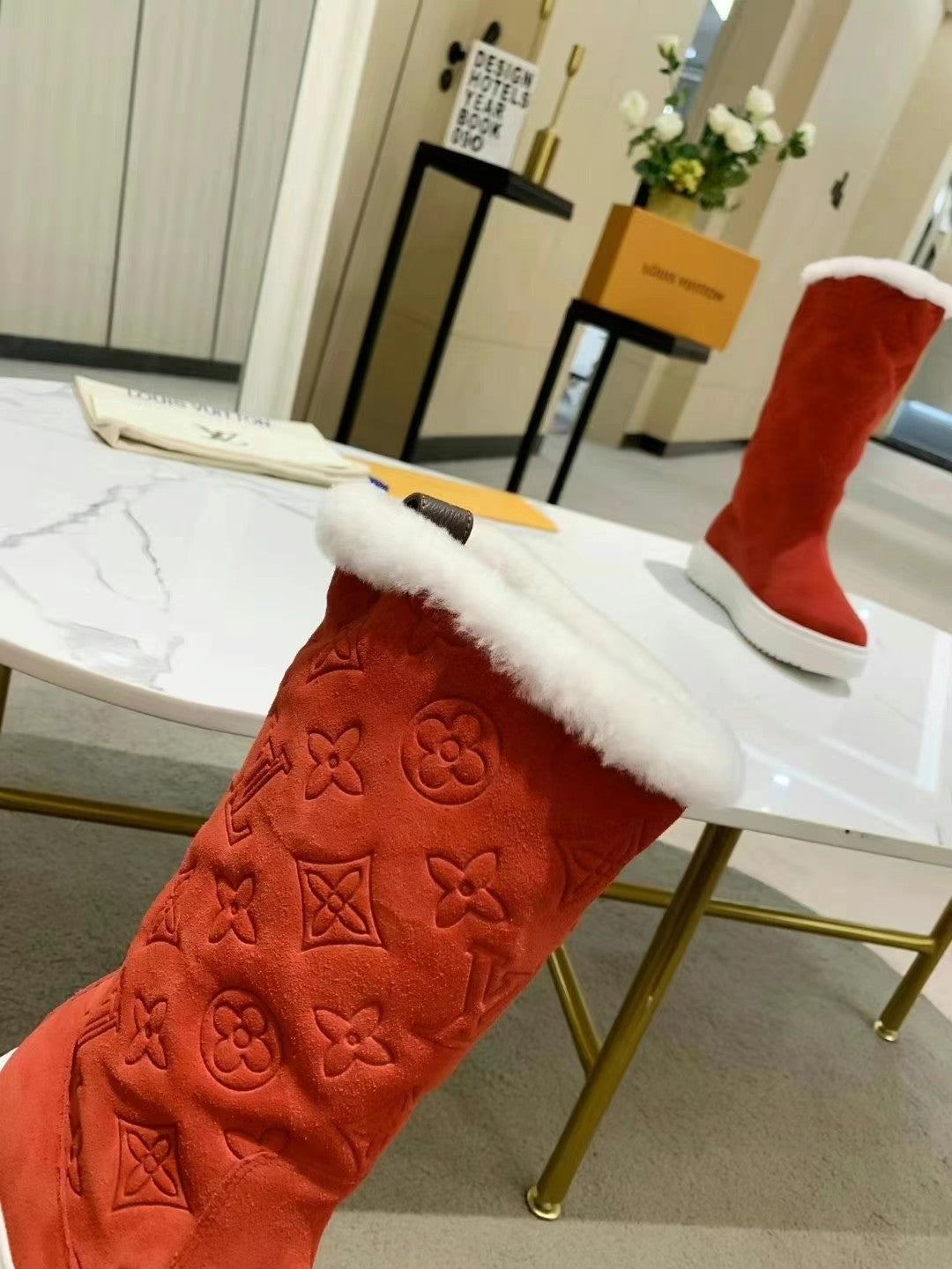 nmb SUEDE MONOGRAM BOOTS RED