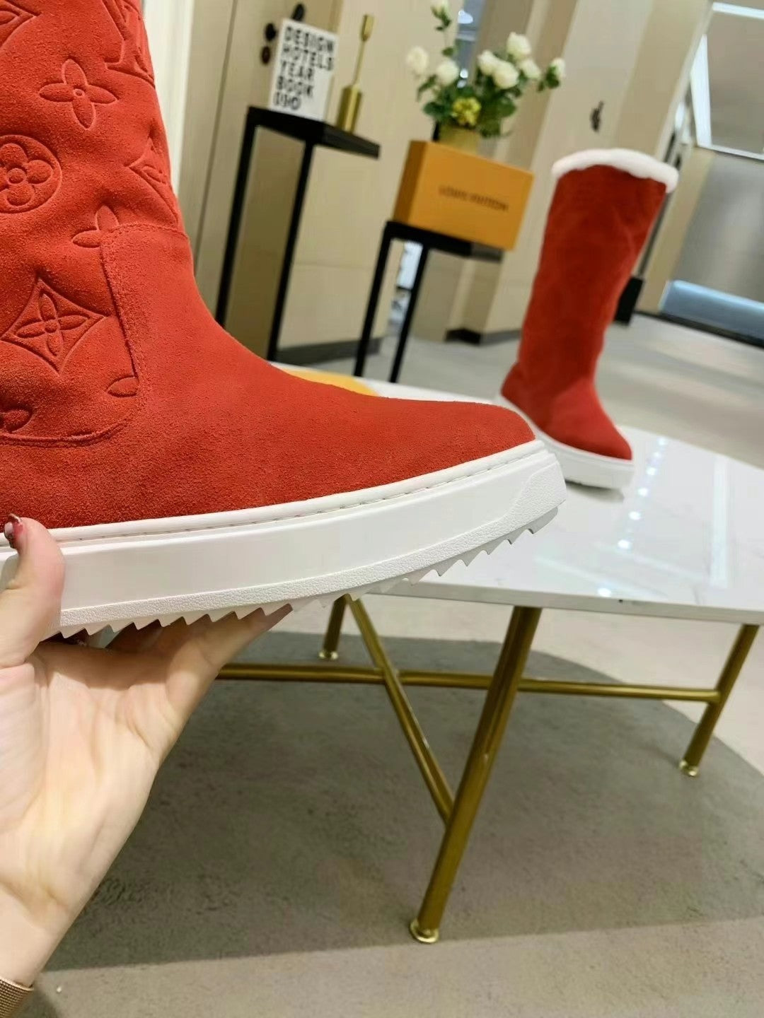 nmb SUEDE MONOGRAM BOOTS RED