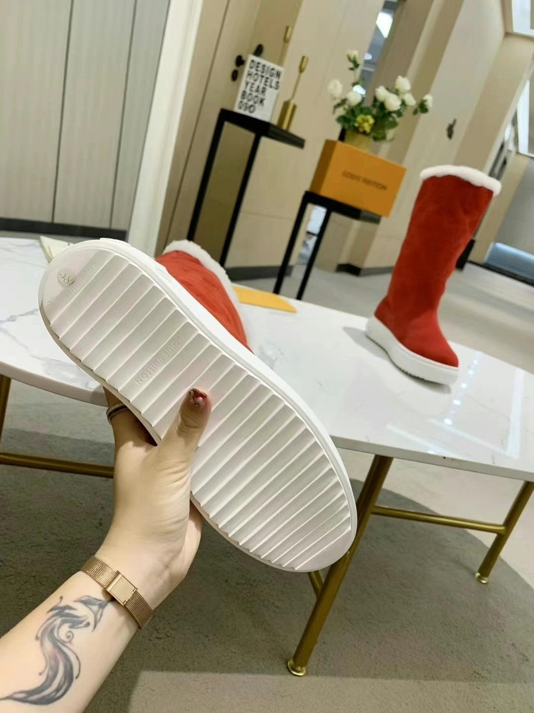 nmb SUEDE MONOGRAM BOOTS RED