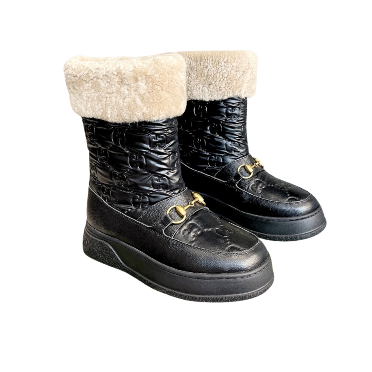 Vbs 1955 HORSEBIT SNOW BOOTS JACQUARD FABRIC BLACK LEATHER