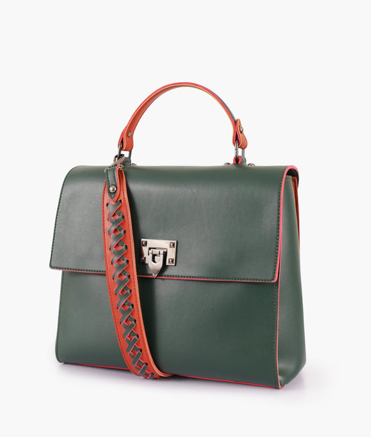 Army green flap-over top-handle bag