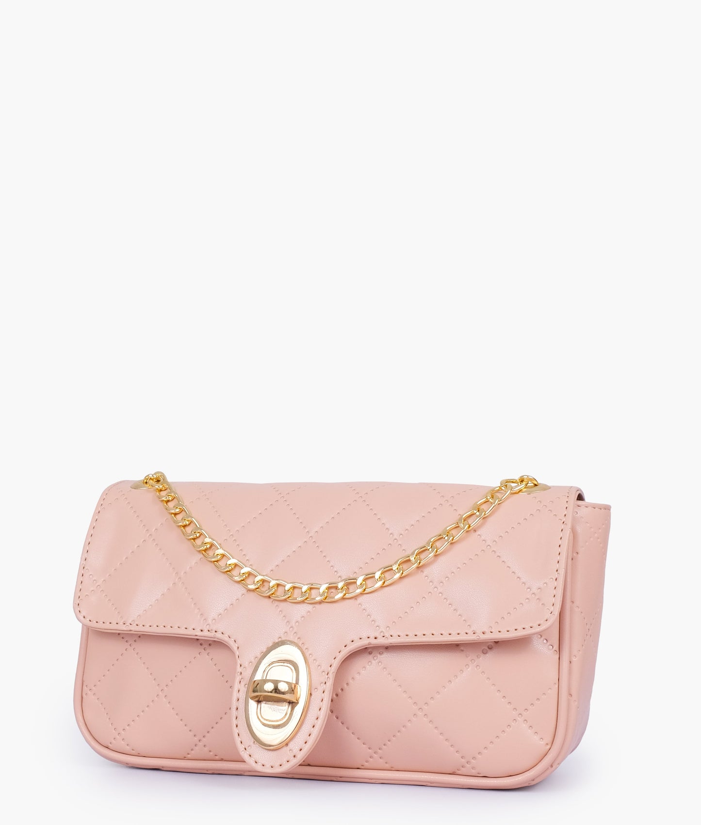 Baby pink quilted small shoulder bag with chain
