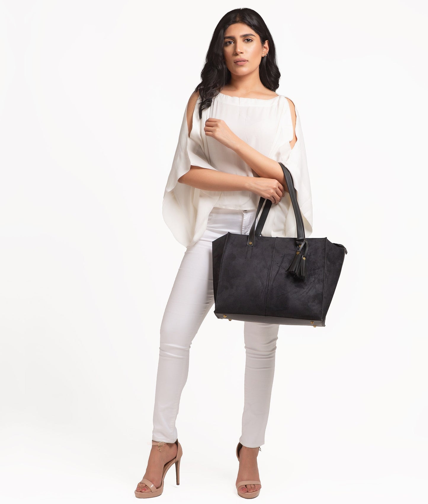 Black suede over the shoulder tote bag