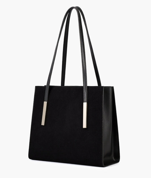 Black suede zipper shoulder bag with long handle