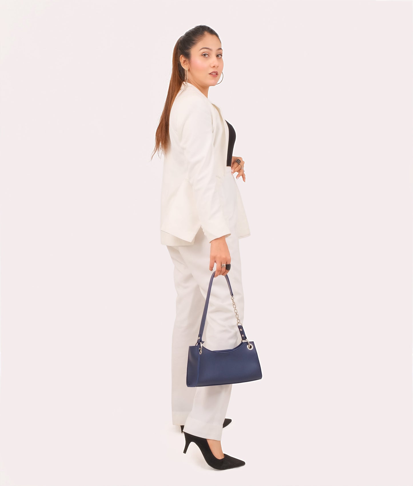 Blue elongated chain handle purse