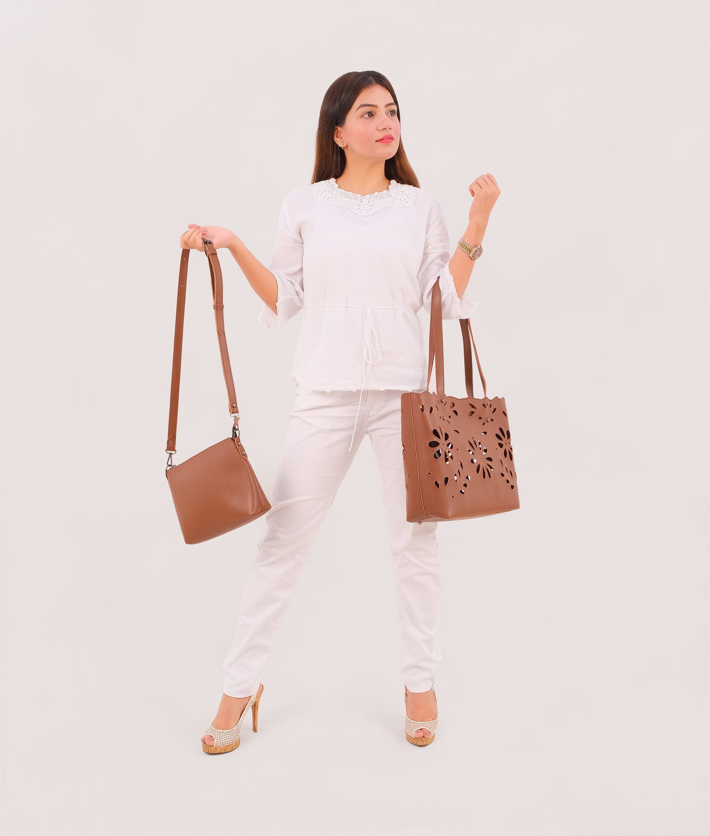 Brown two-piece floral tote