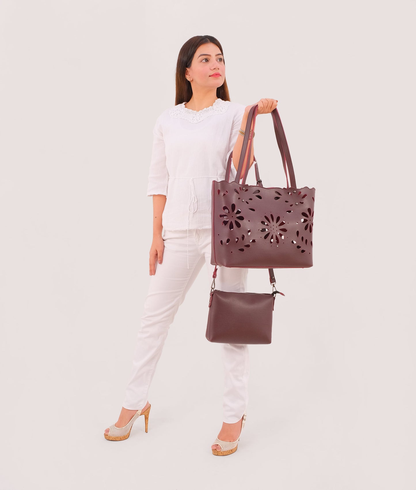Burgundy two-piece floral tote