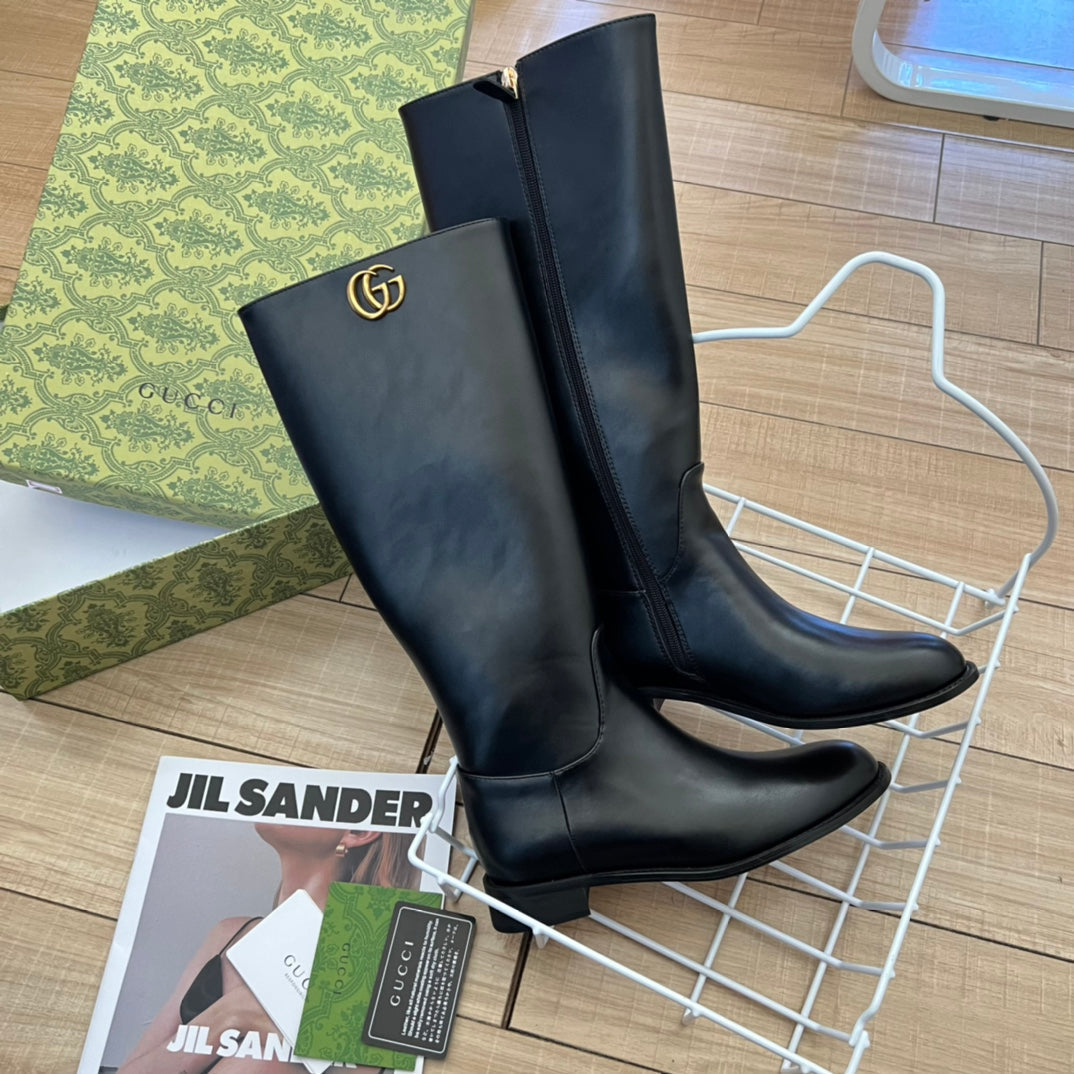 GG GG LEATHER HIGH BOOTS BLACK