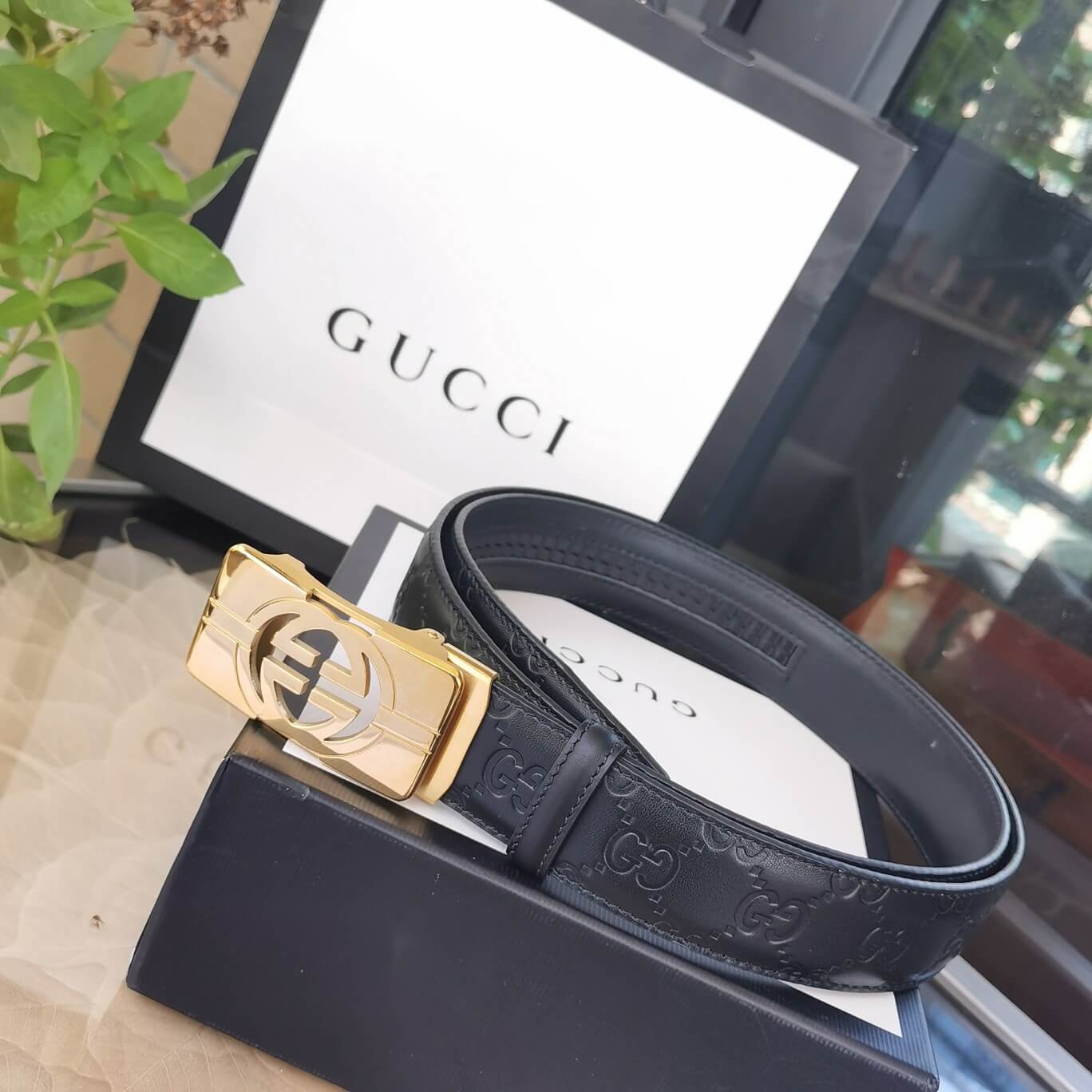 VBS BELT Cowhide leather black gold buckle wide 3.4cm Automatic buckle