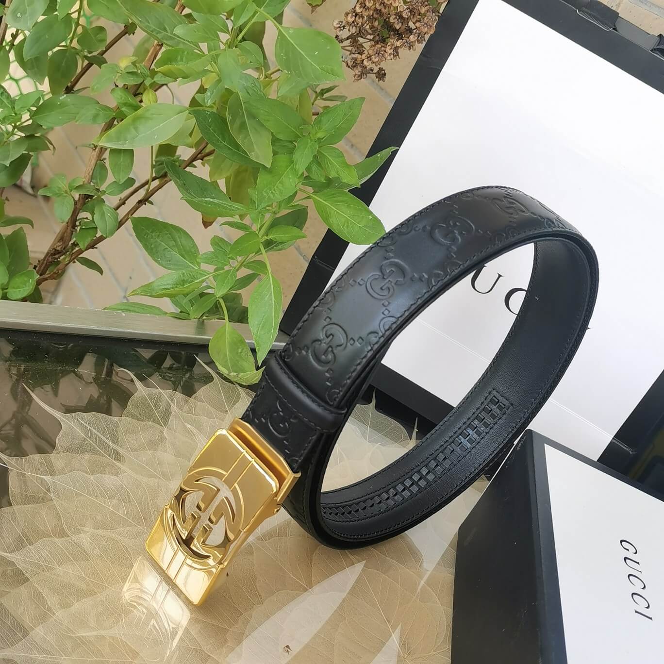 VBS BELT Cowhide leather black gold buckle wide 3.4cm Automatic buckle