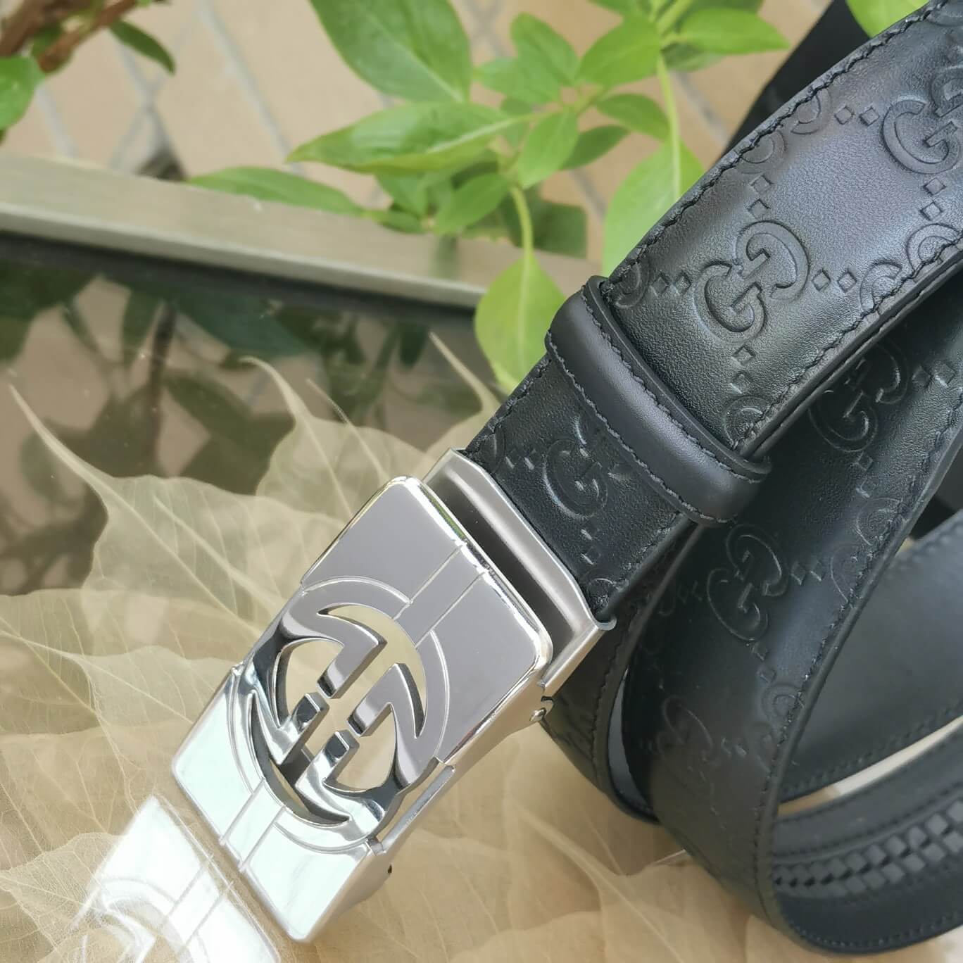 VBS BELT Cowhide leather black gold buckle wide 3.4cm Automatic buckle