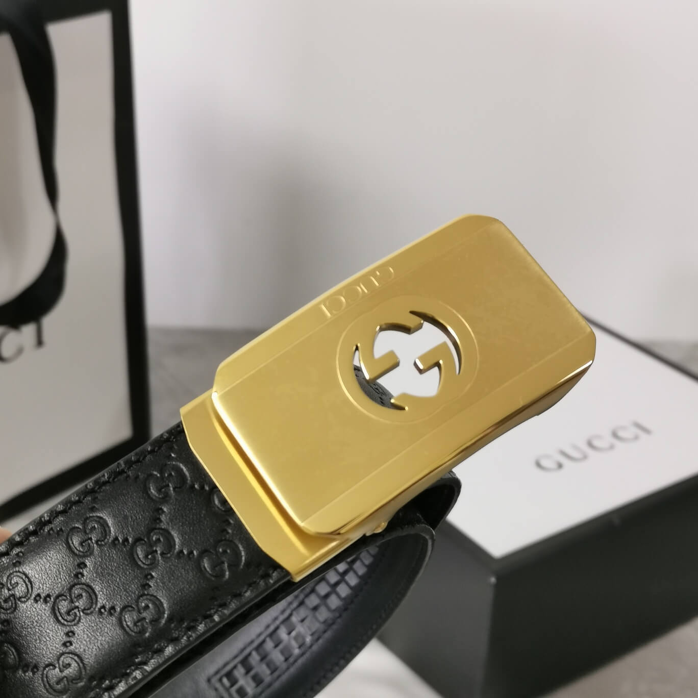 VBS BELT Cowhide leather black gold buckle wide 3.4cm Automatic buckle