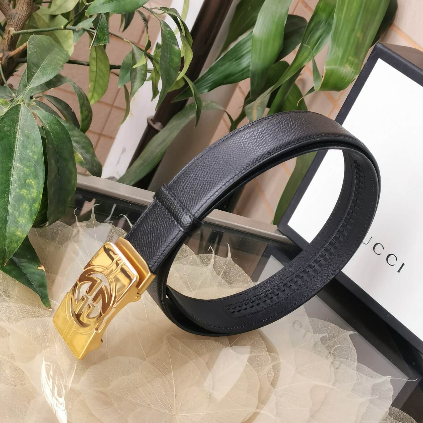 VBS BELT Cowhide leather black gold buckle wide 3.5cm Automatic buckle