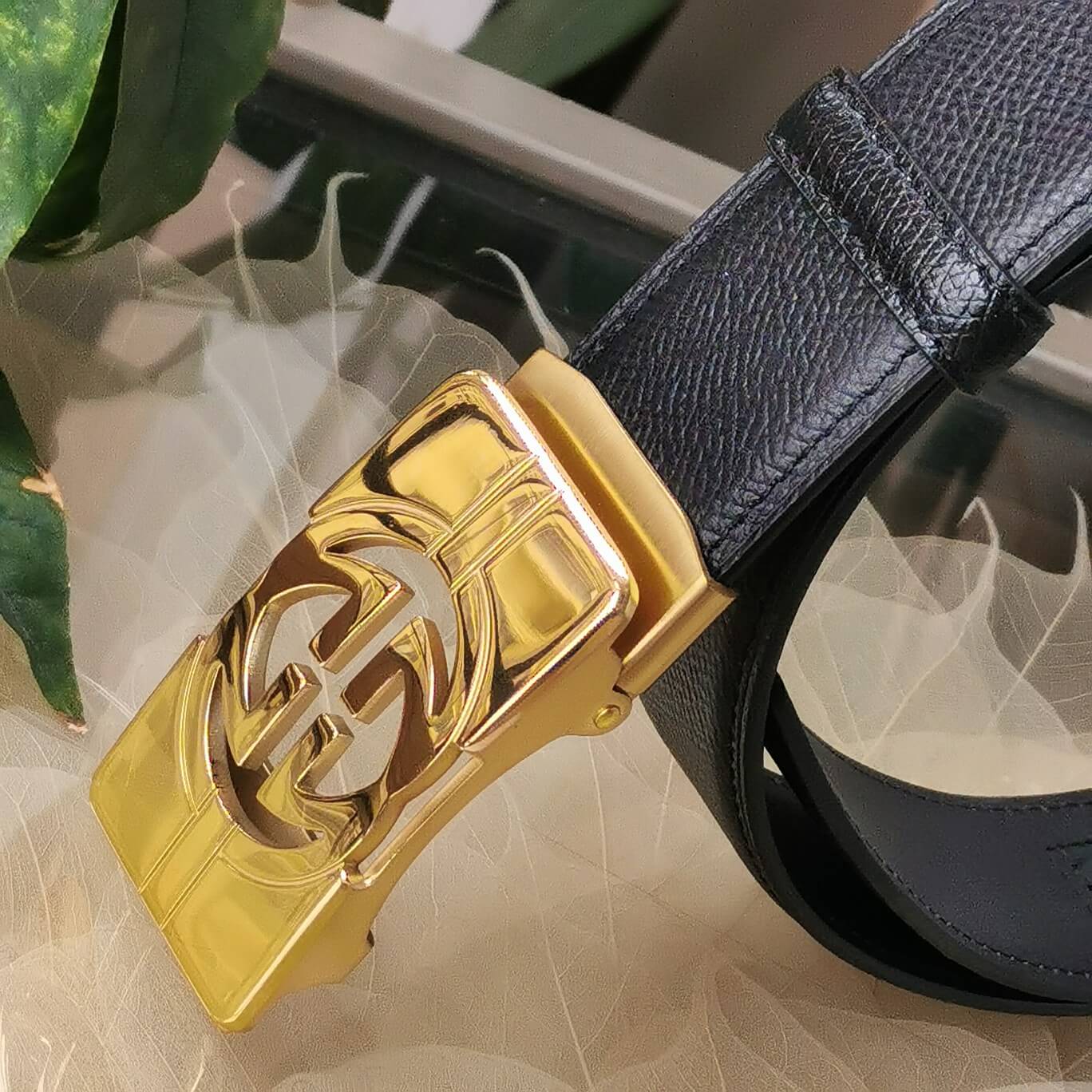 VBS BELT Cowhide leather black gold buckle wide 3.5cm Automatic buckle