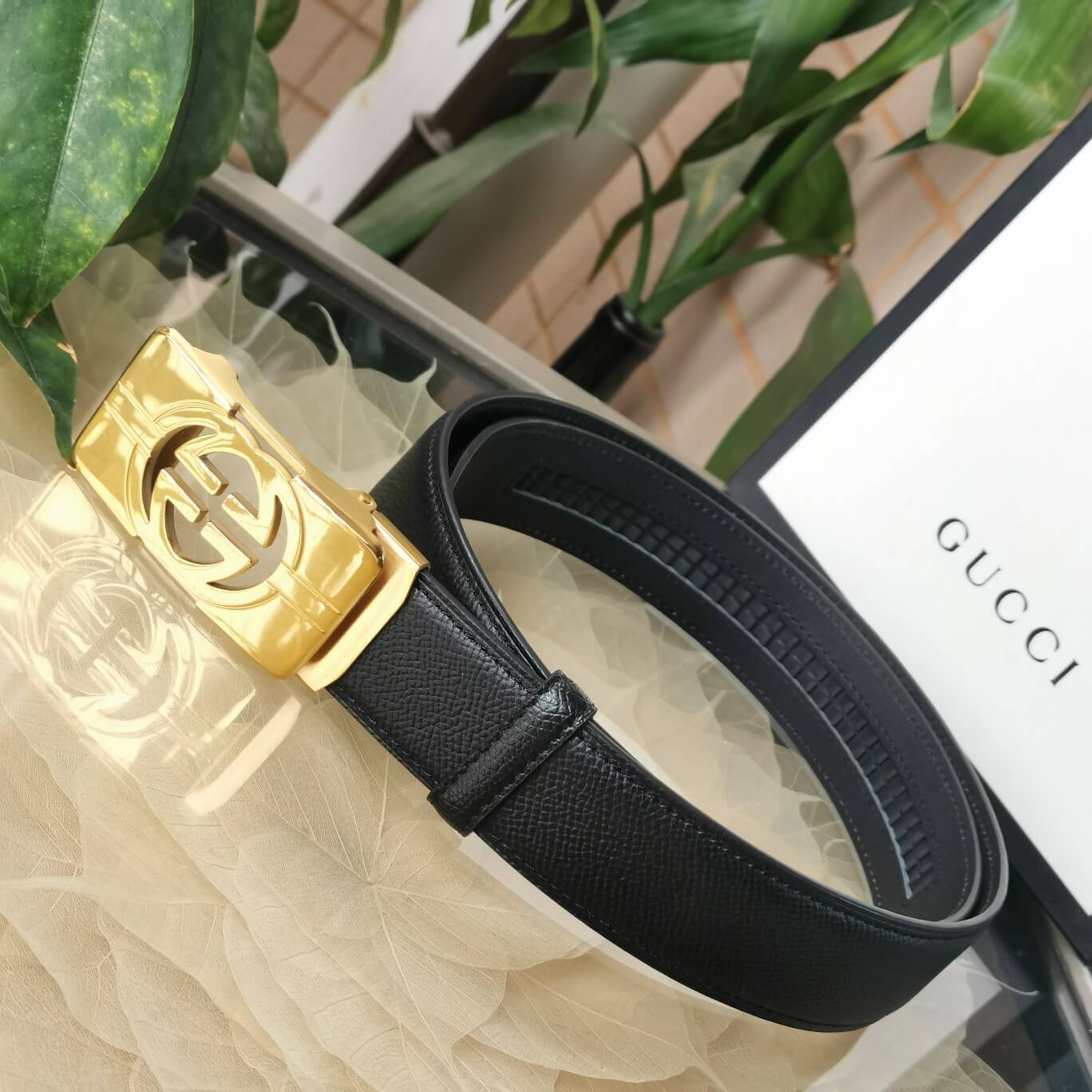 VBS BELT Cowhide leather black gold buckle wide 3.5cm Automatic buckle