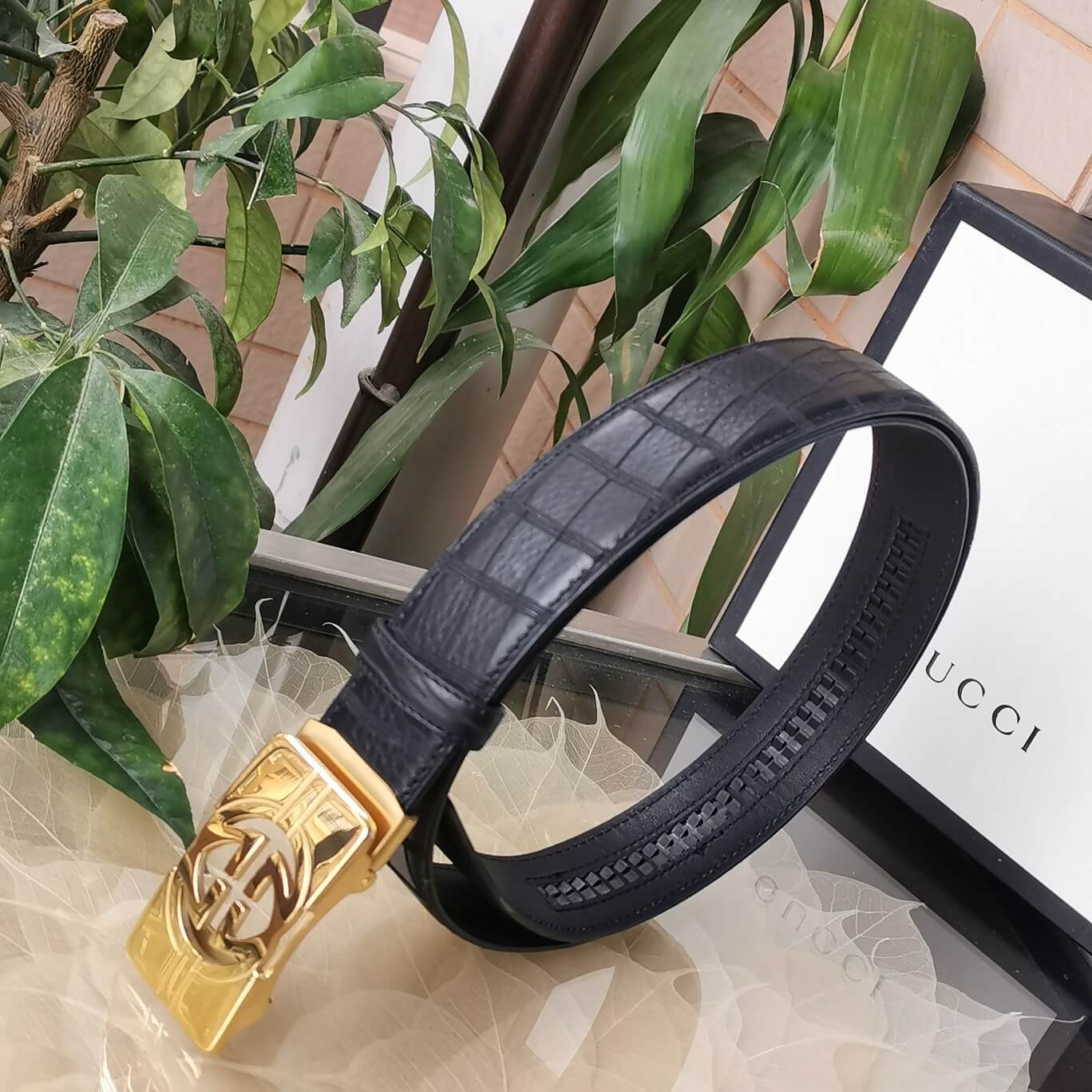 VBS BELT Cowhide leather black gold buckle wide 3.5cm Automatic buckle
