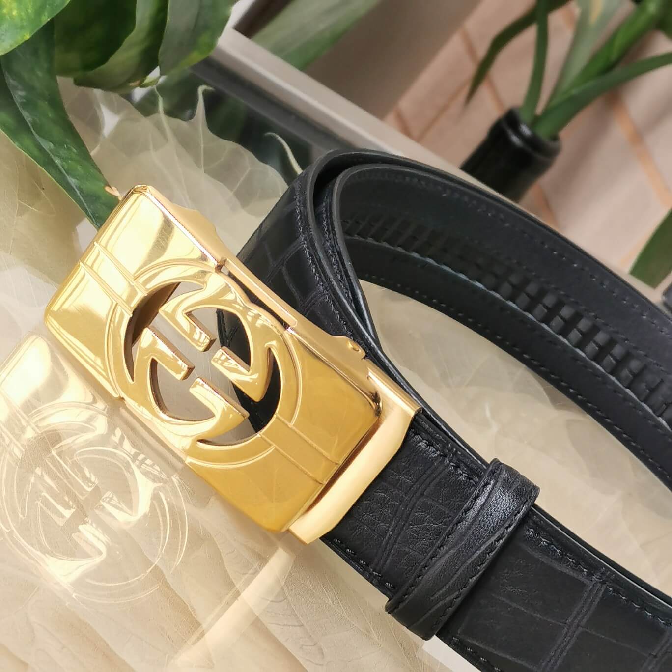 VBS BELT Cowhide leather black gold buckle wide 3.5cm Automatic buckle