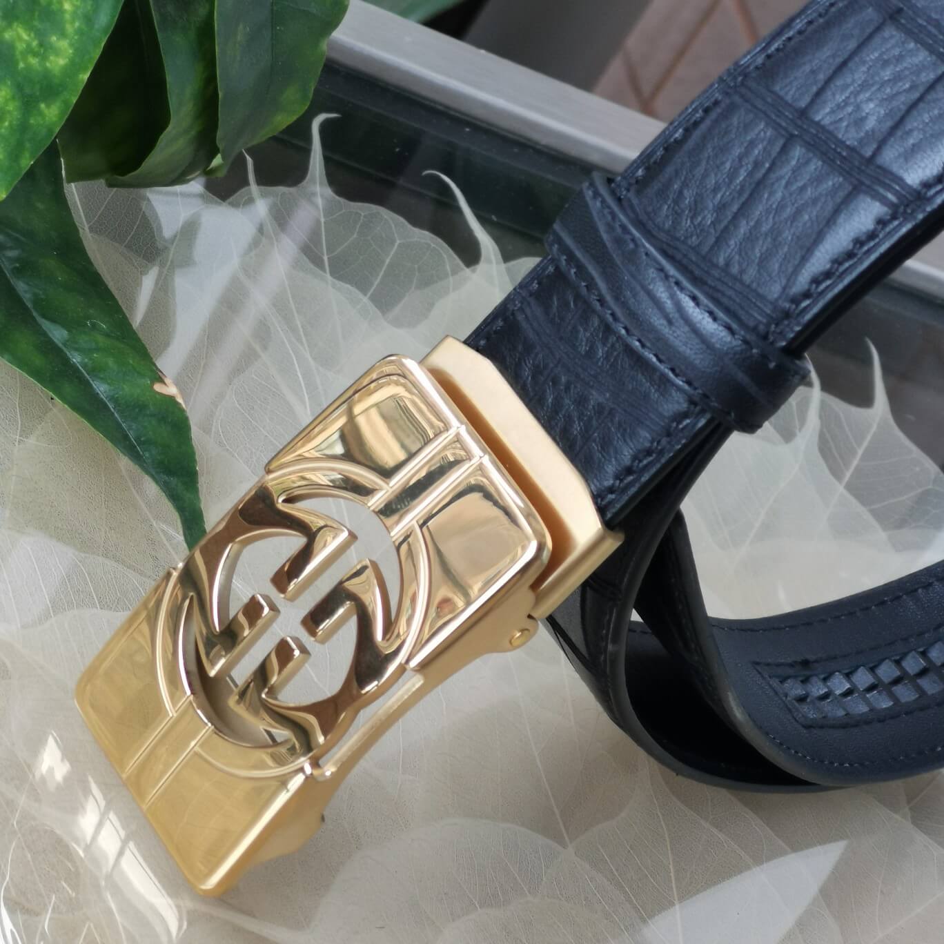 VBS BELT Cowhide leather black gold buckle wide 3.5cm Automatic buckle