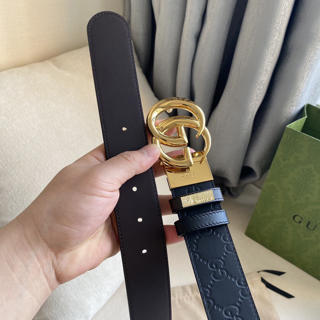 VBS BELT Cowhide leather black gold buckle wide 3.7cm
