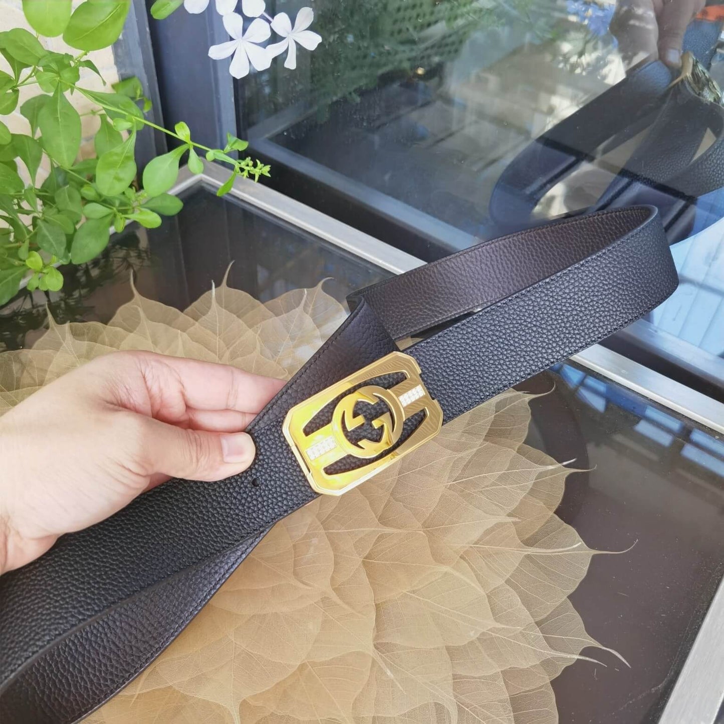 VBS BELT Cowhide leather black gold buckle wide 3.8cm